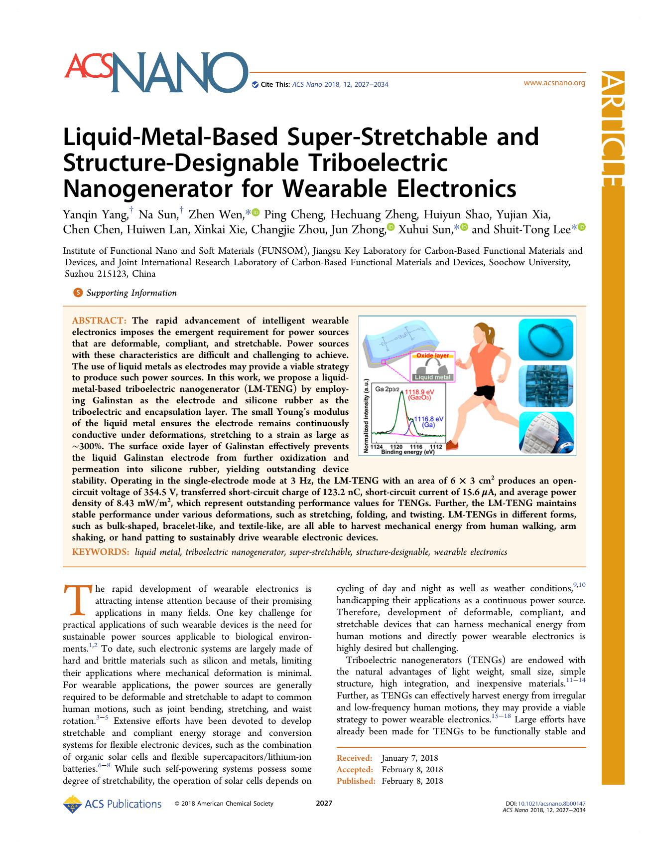 Liquid-Metal-Based Super-Stretchable and Structure-Designable Triboelectric Nanogenerator for Wearable Electronics by unknow