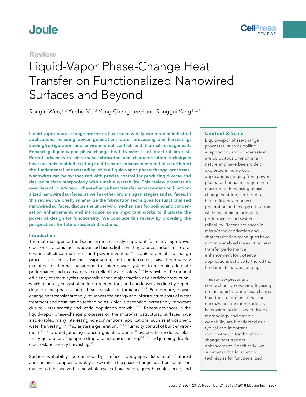 Liquid-Vapor Phase-Change Heat Transfer on Functionalized Nanowired Surfaces and Beyond by Rongfu Wen & Xuehu Ma & Yung-Cheng Lee & Ronggui Yang