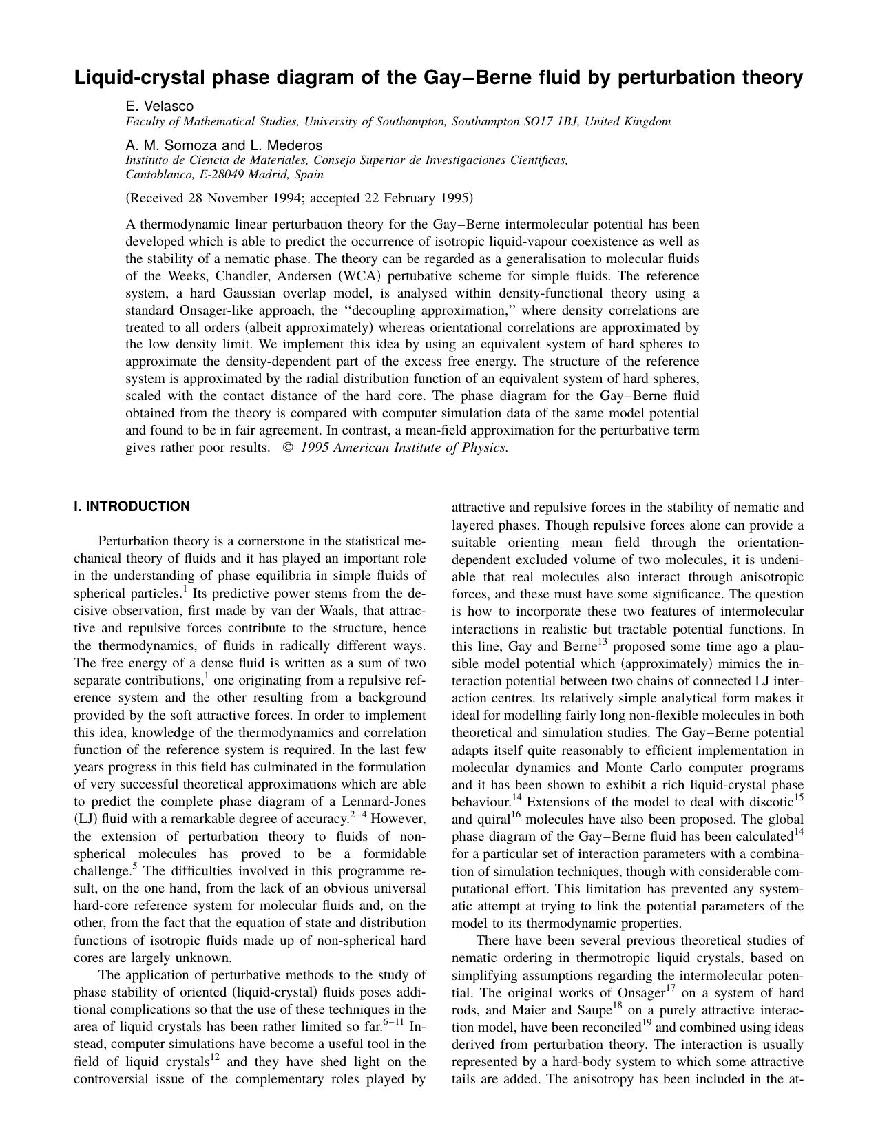Liquid-crystal phase diagram of the Gay-Berne fluid by E. Velasco A. M. Somoza and L. Mederos