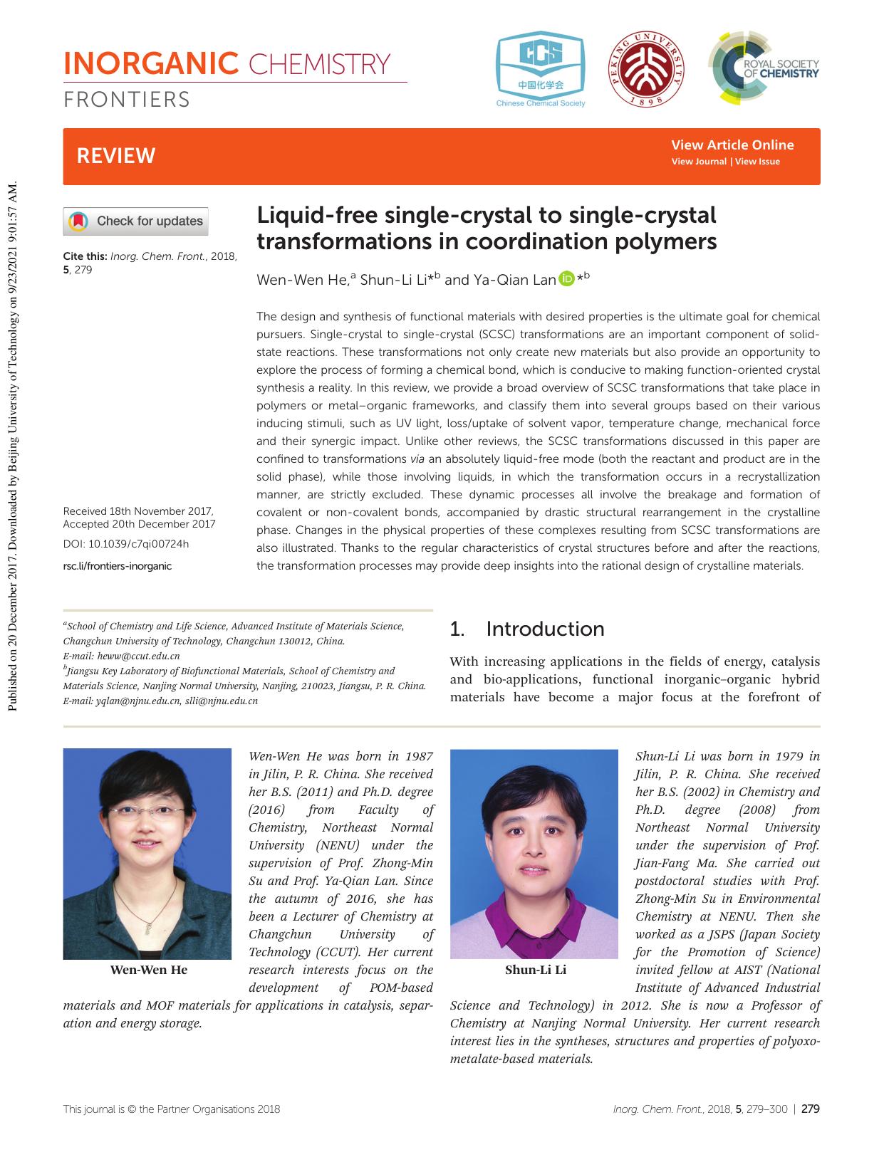 Liquid-free single-crystal to single-crystal transformations in coordination polymers by Wen-Wen He Shun-Li Li Ya-Qian Lan