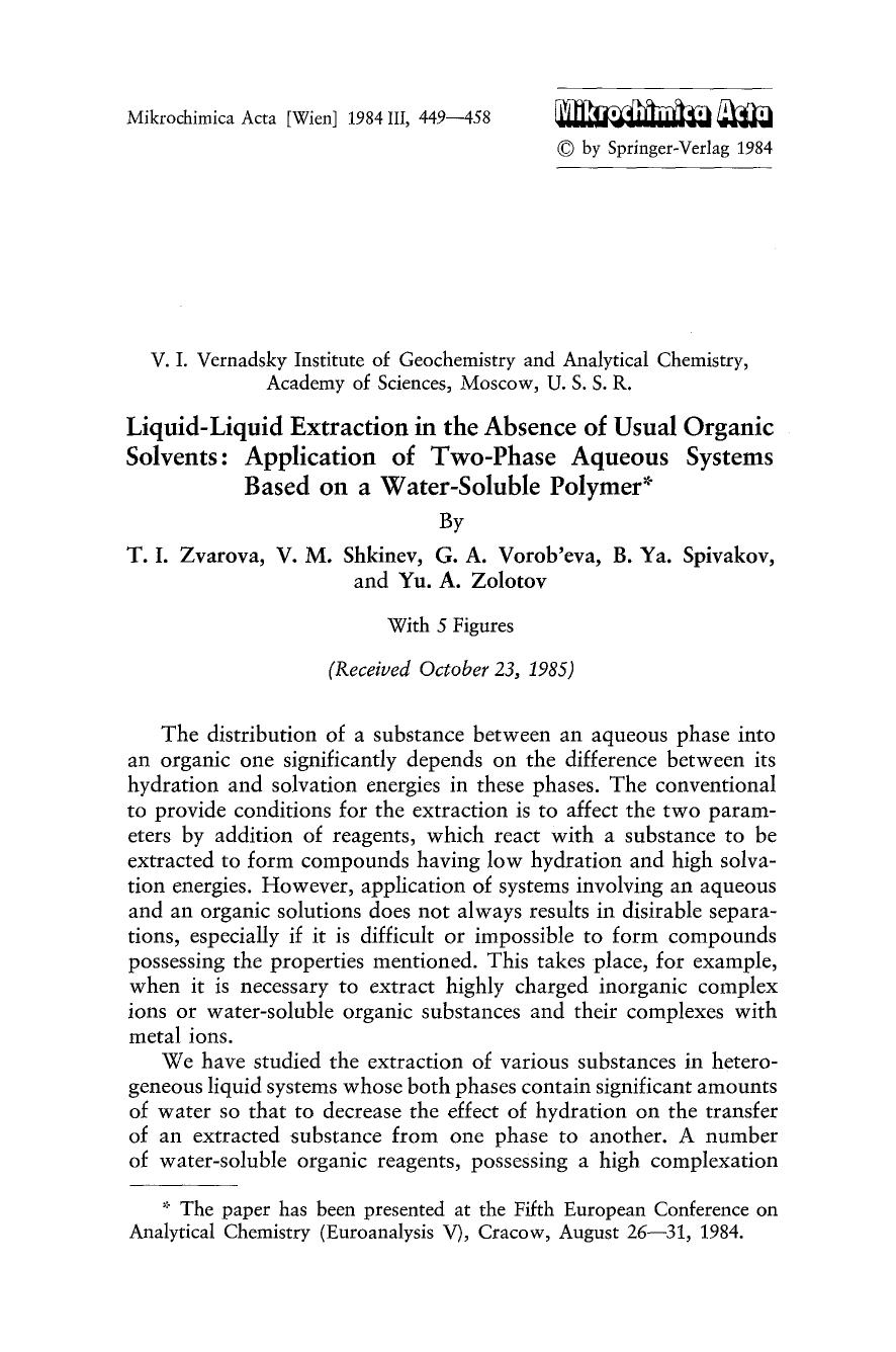 Liquid-liquid extraction in the absence of usual organic solvents: Application of two-phase aqueous systems based on a water-soluble polymer by Unknown