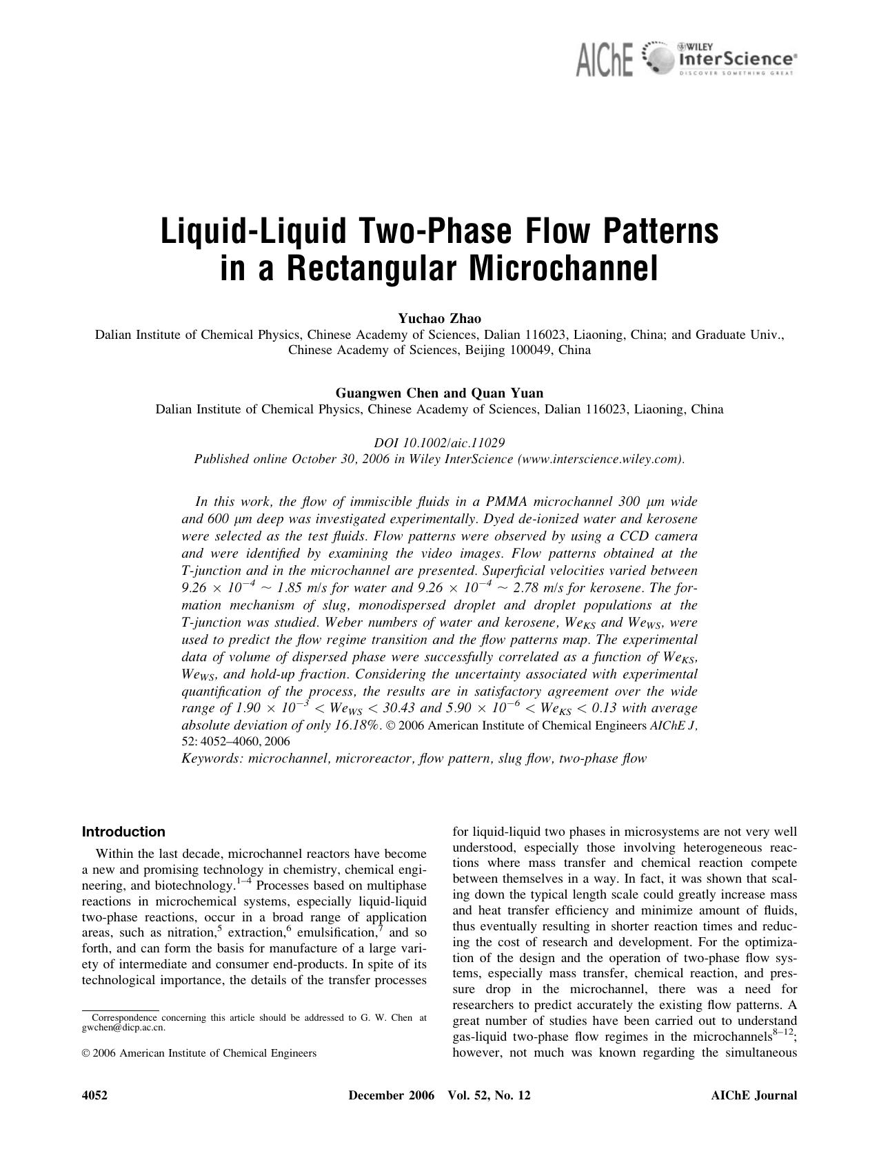 Liquid-liquid two-phase flow patterns in a rectangular microchannel by Unknown