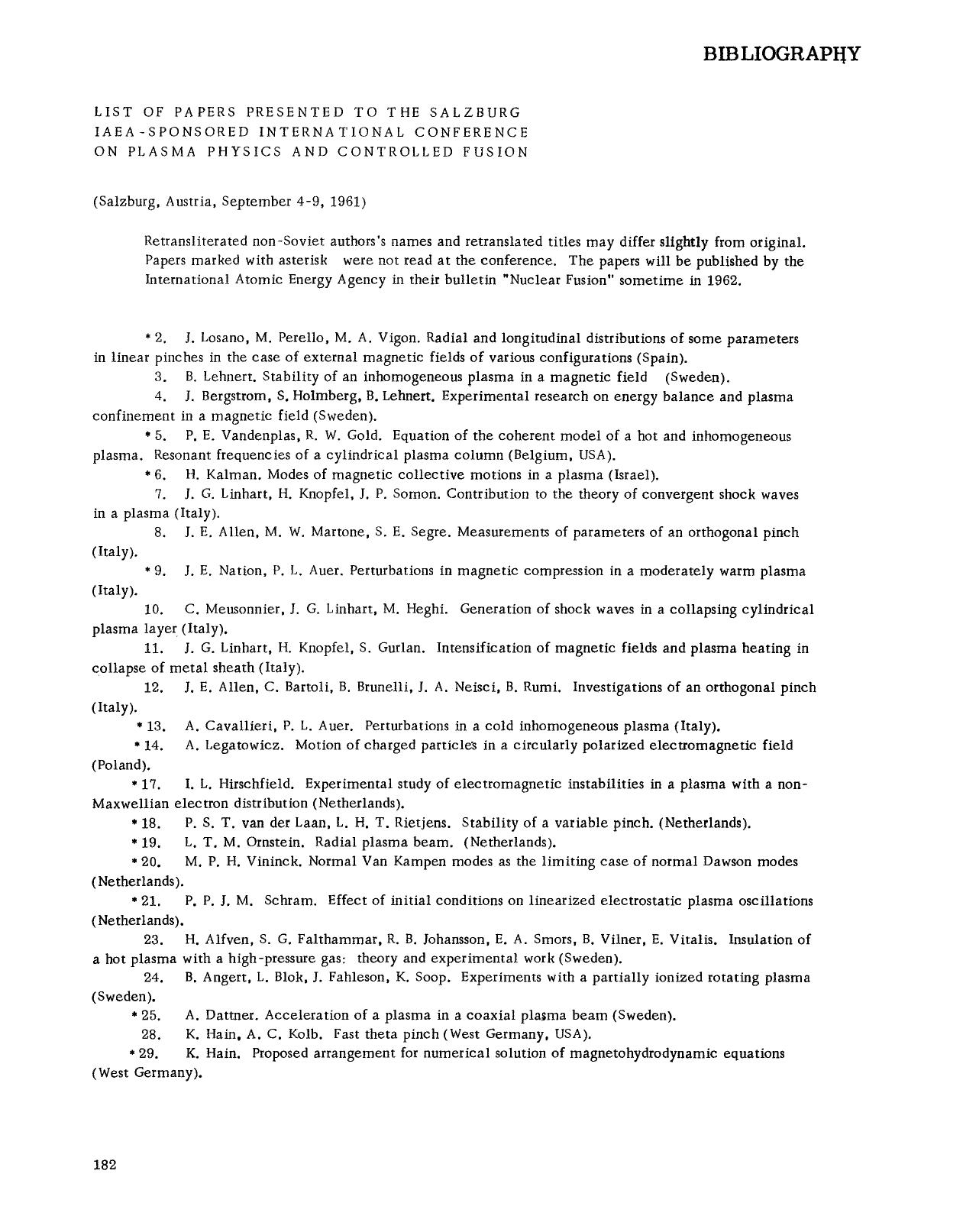 List of papers presented to the salzburg iaea-sponsored international conference on plasma physics and controlled fusion by Unknown