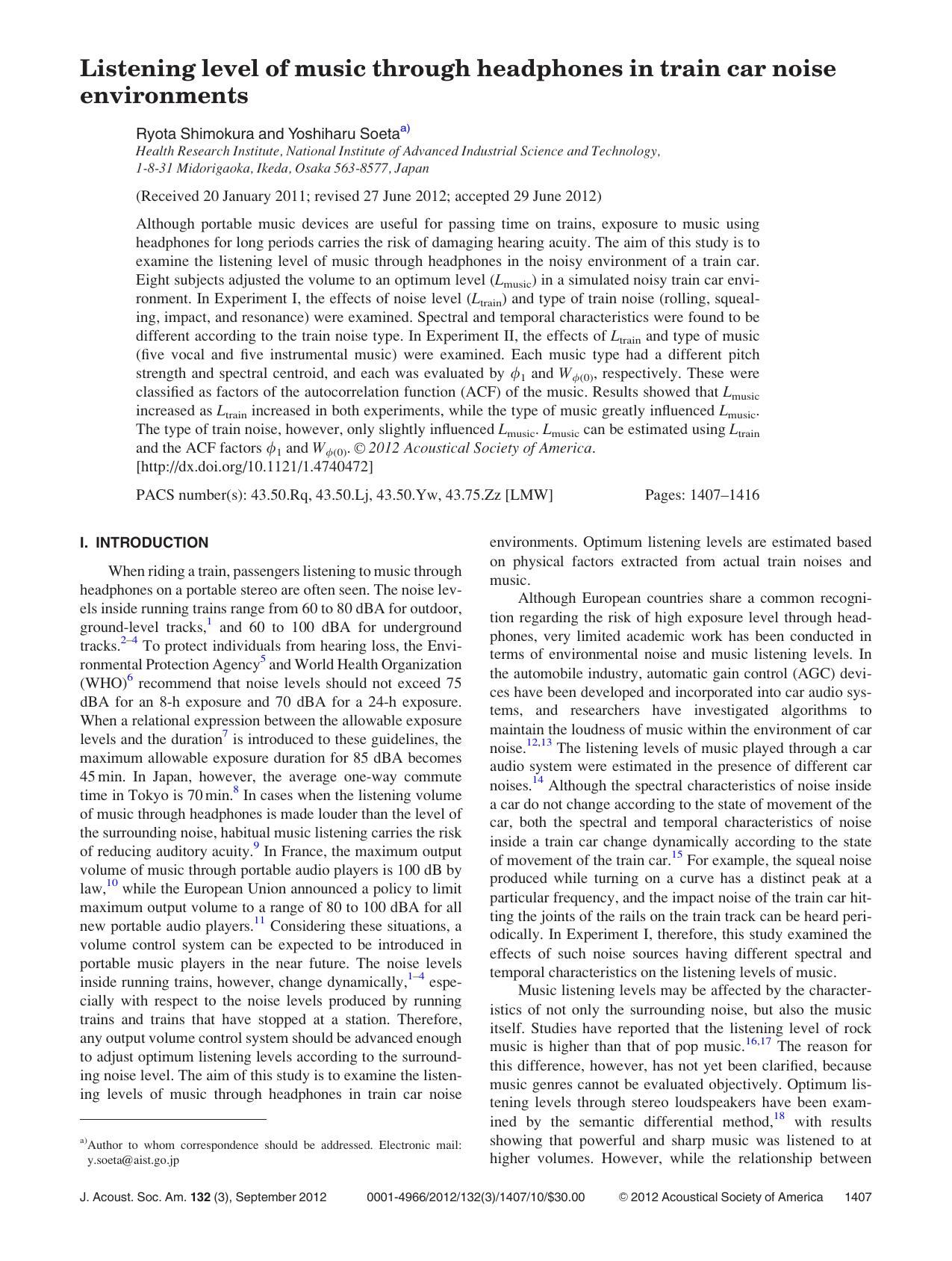 Listening level of music through headphones in train car noise environments by Ryota Shimokura and Yoshiharu Soetaa)