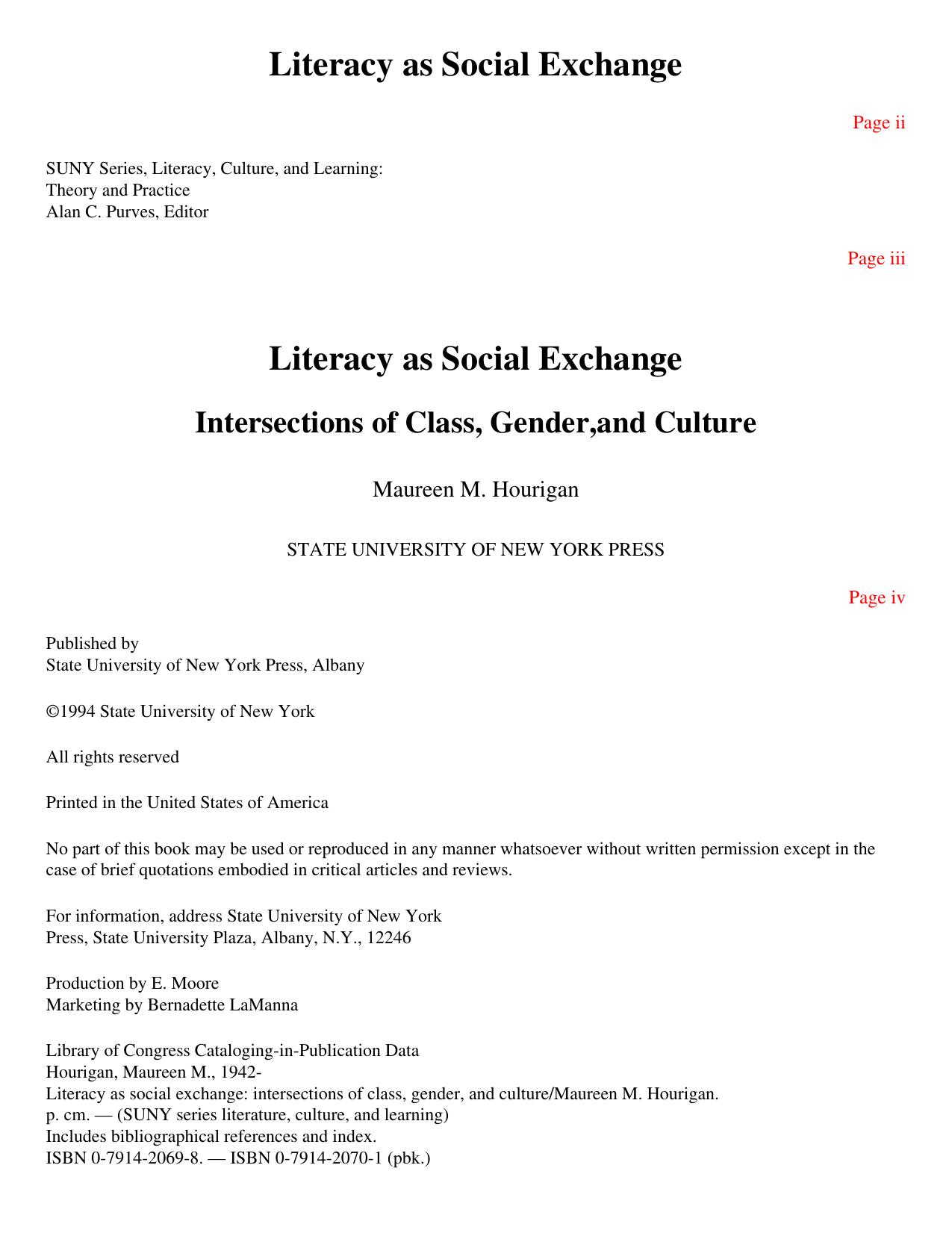 Literacy As Social Exchange : Intersections of Class, Gender, and Culture by Maureen M. Hourigan