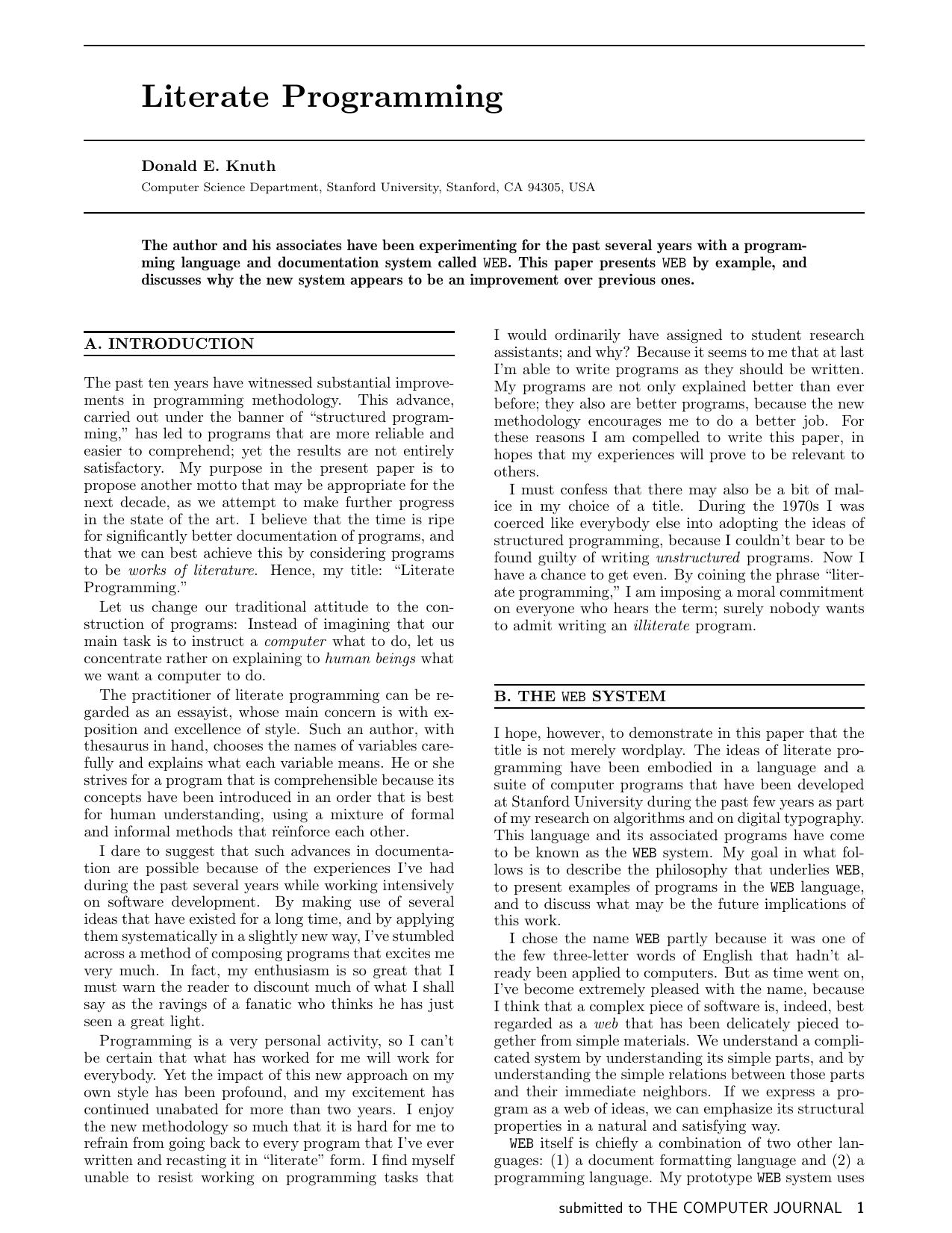 Literate programming by Donald E. Knuth