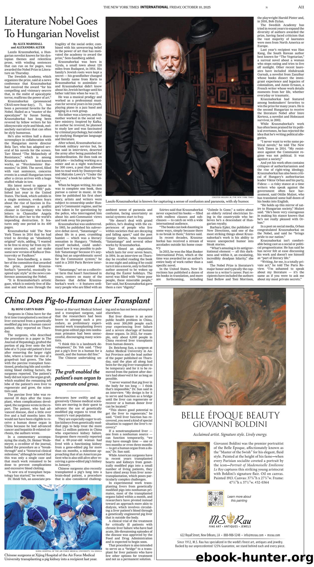 Literature Nobel Goes to Hungarian Novelist (NYT, 10 Oct. 2025) by Unknown
