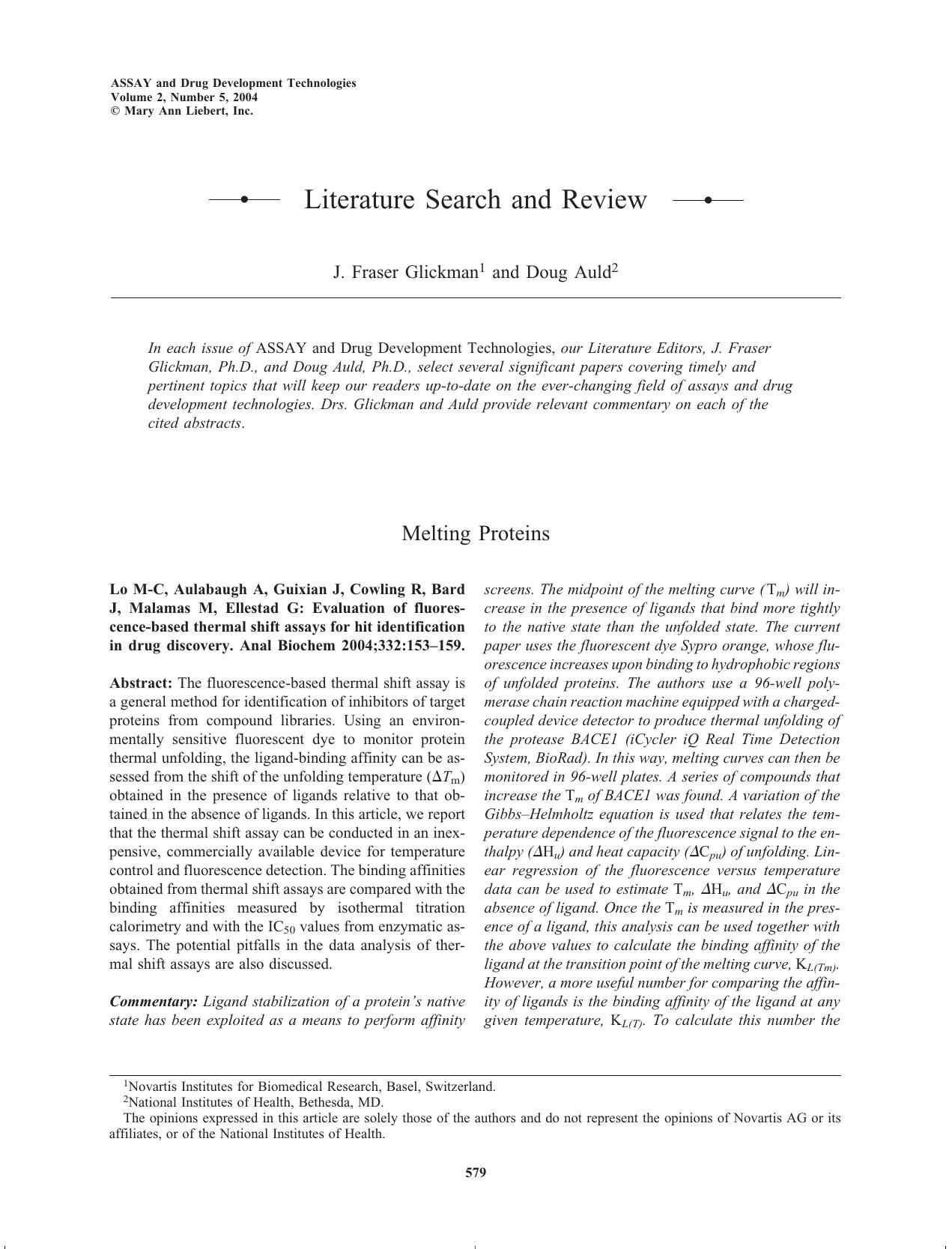 Literature Search and Review by Dr. J. Fraser Glickman Ph.D. Dr. Doug Auld Ph.D