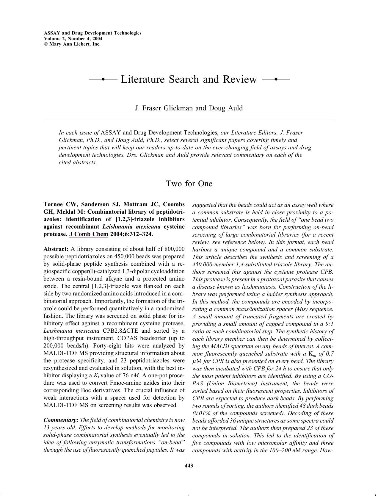 Literature Search and Review by J. Fraser Glickman Ph.D. Doug Auld Ph.D