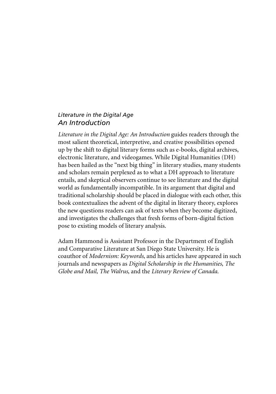 Literature in the Digital Age: An Introduction by Adam Hammond