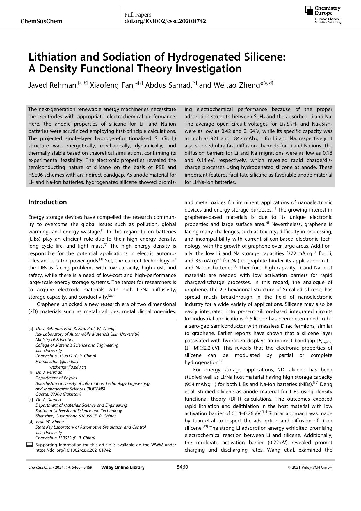 Lithiation and Sodiation of Hydrogenated Silicene: A Density Functional Theory Investigation by Unknown