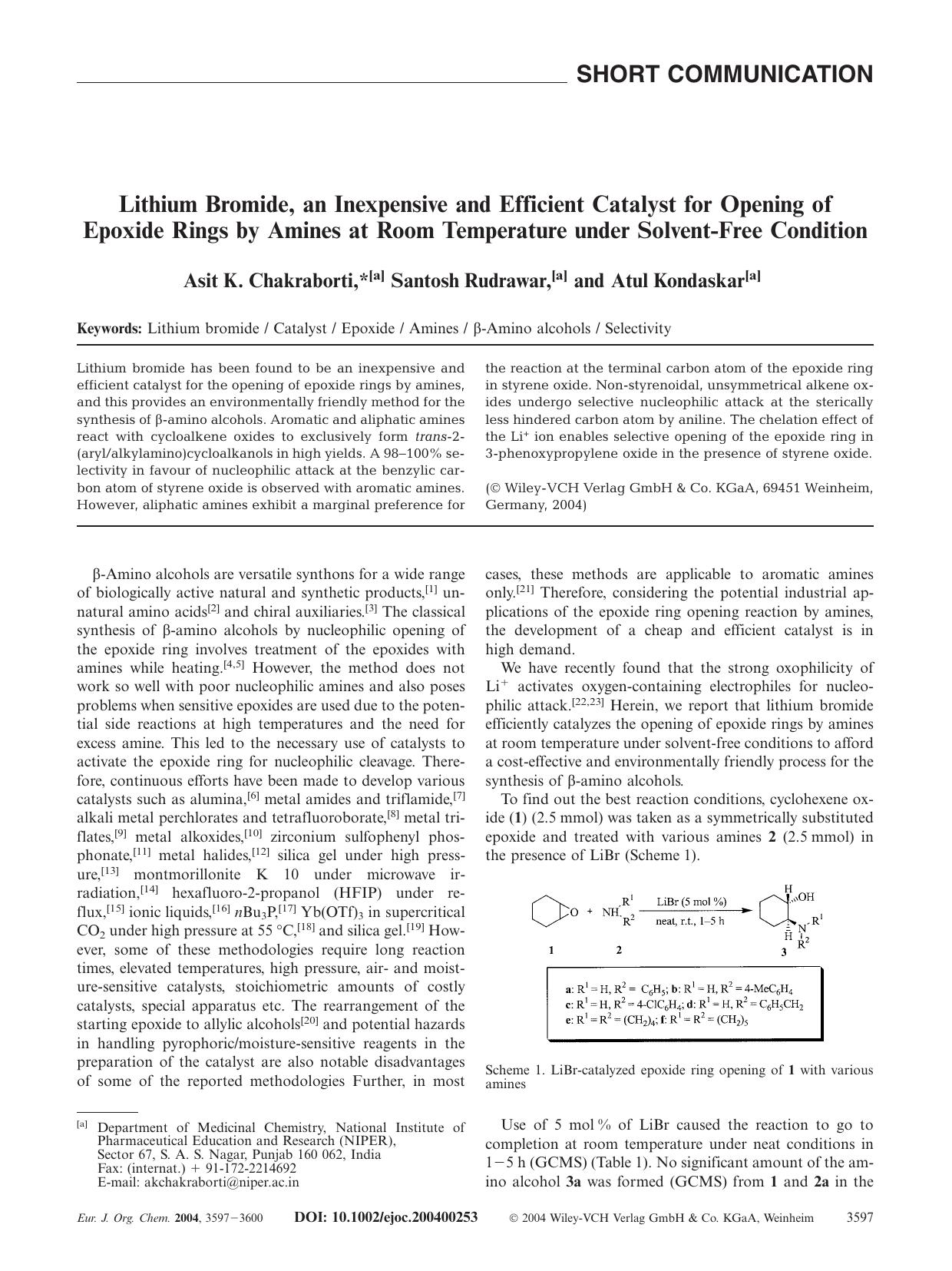 Lithium Bromide, an Inexpensive and Efficient Catalyst for Opening of Epoxide Rings by Amines at Room Temperature under Solvent-Free Condition by Unknown