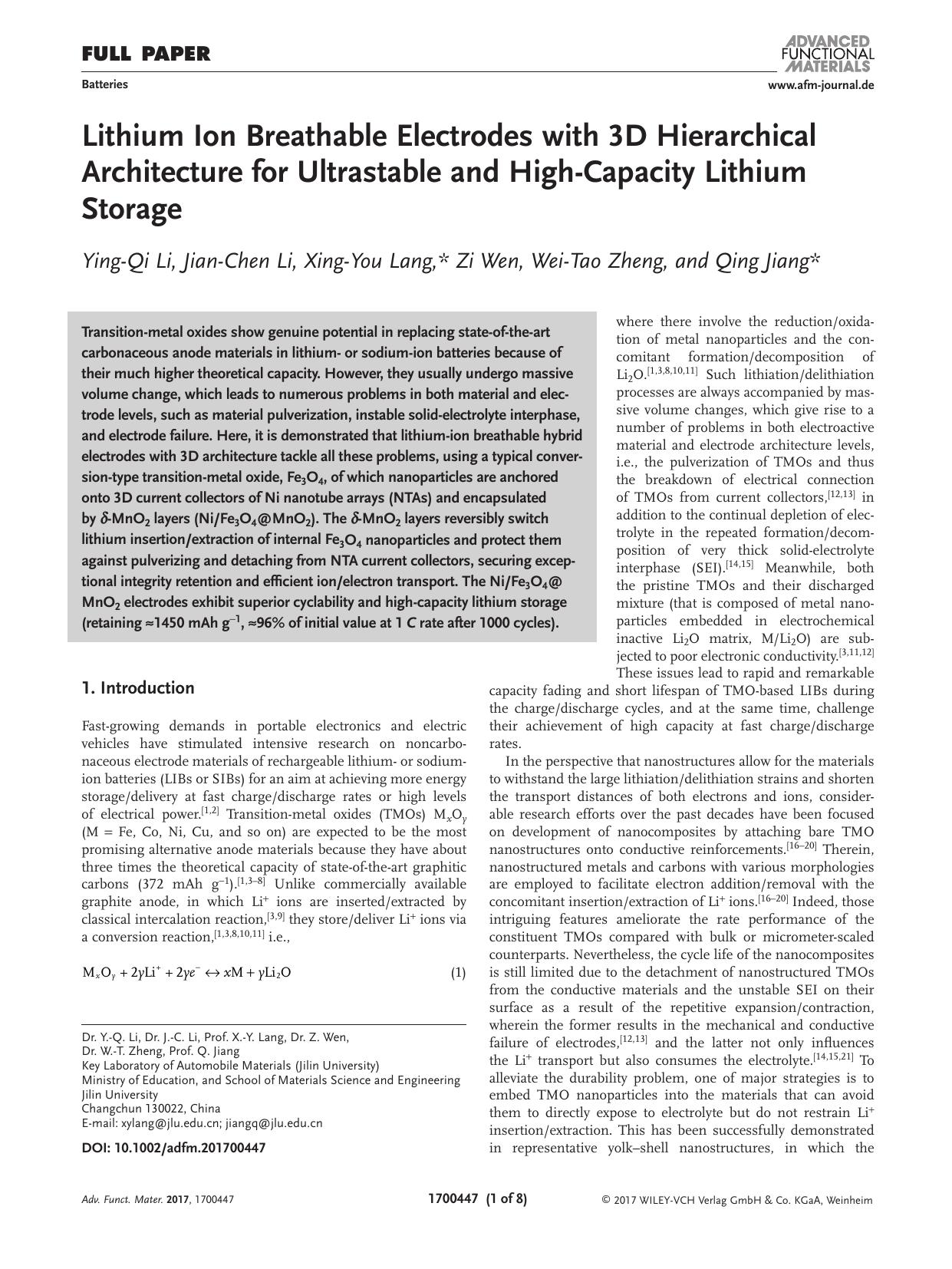 Lithium Ion Breathable Electrodes with 3D Hierarchical Architecture for Ultrastable and High‐Capacity Lithium Storage by Unknown