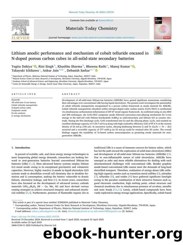Lithium anodic performance and mechanism of cobalt telluride encased in N-doped porous carbon cubes in all-solid-state secondary batteries by unknow