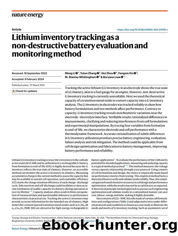 Lithium inventory tracking as a non-destructive battery evaluation and monitoring method by Meng Li & Yulun Zhang & Hui Zhou & Fengxia Xin & M. Stanley Whittingham & Boryann Liaw