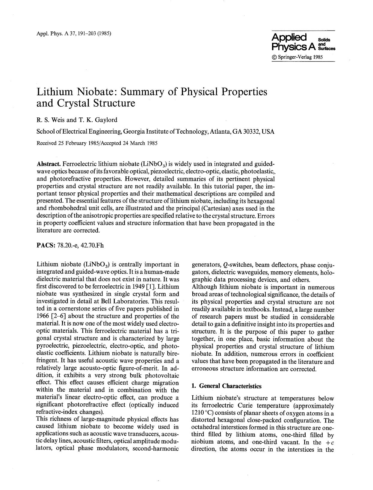 Lithium niobate: Summary of physical properties and crystal structure by Unknown