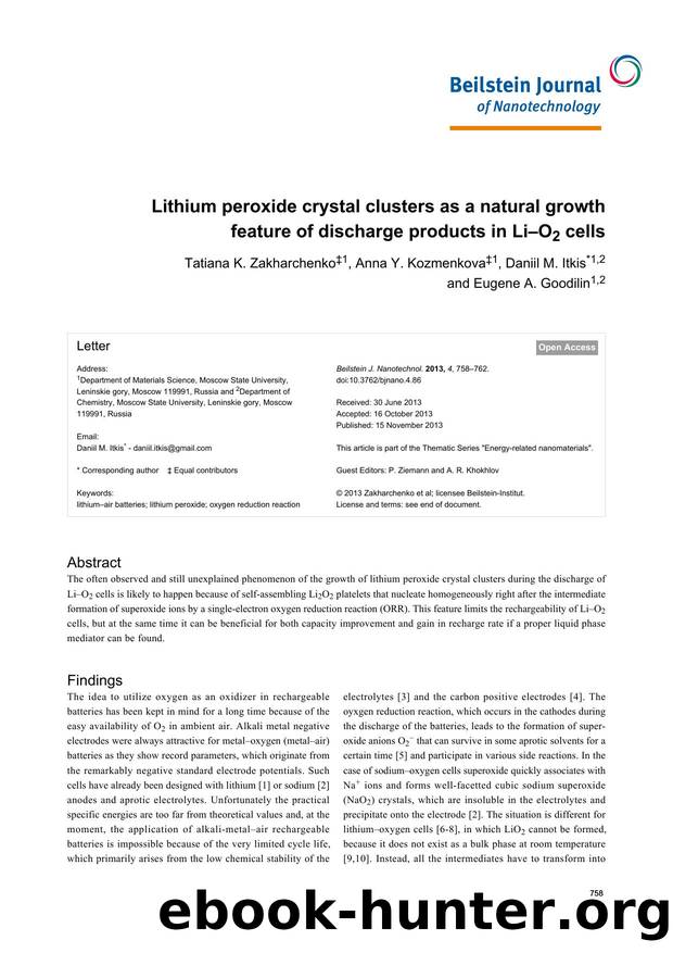 Lithium peroxide crystal clusters as a natural growth feature of discharge products in LiâO2 cells by Tatiana K. Zakharchenko Anna Y. Kozmenkova Daniil M. Itkis Eugene A. Goodilin