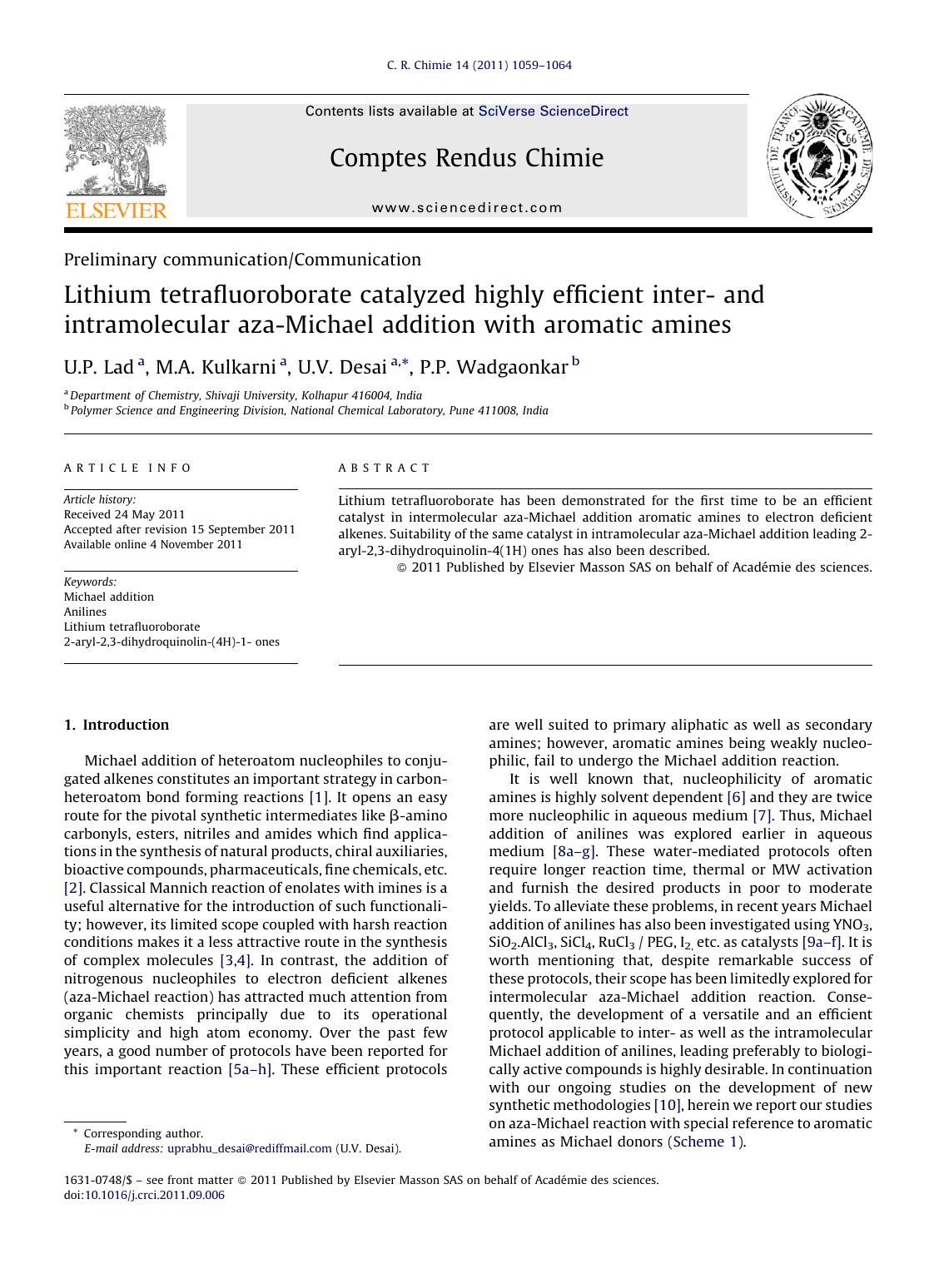 Lithium tetrafluoroborate catalyzed highly efficient inter- and intramolecular aza-Michael addition with aromatic amines by U.P. Lad