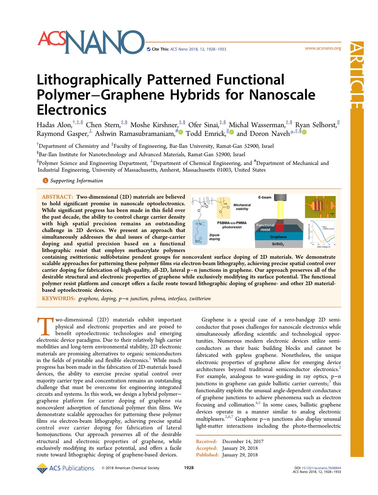 Lithographically Patterned Functional PolymerâGraphene Hybrids for Nanoscale Electronics by unknow