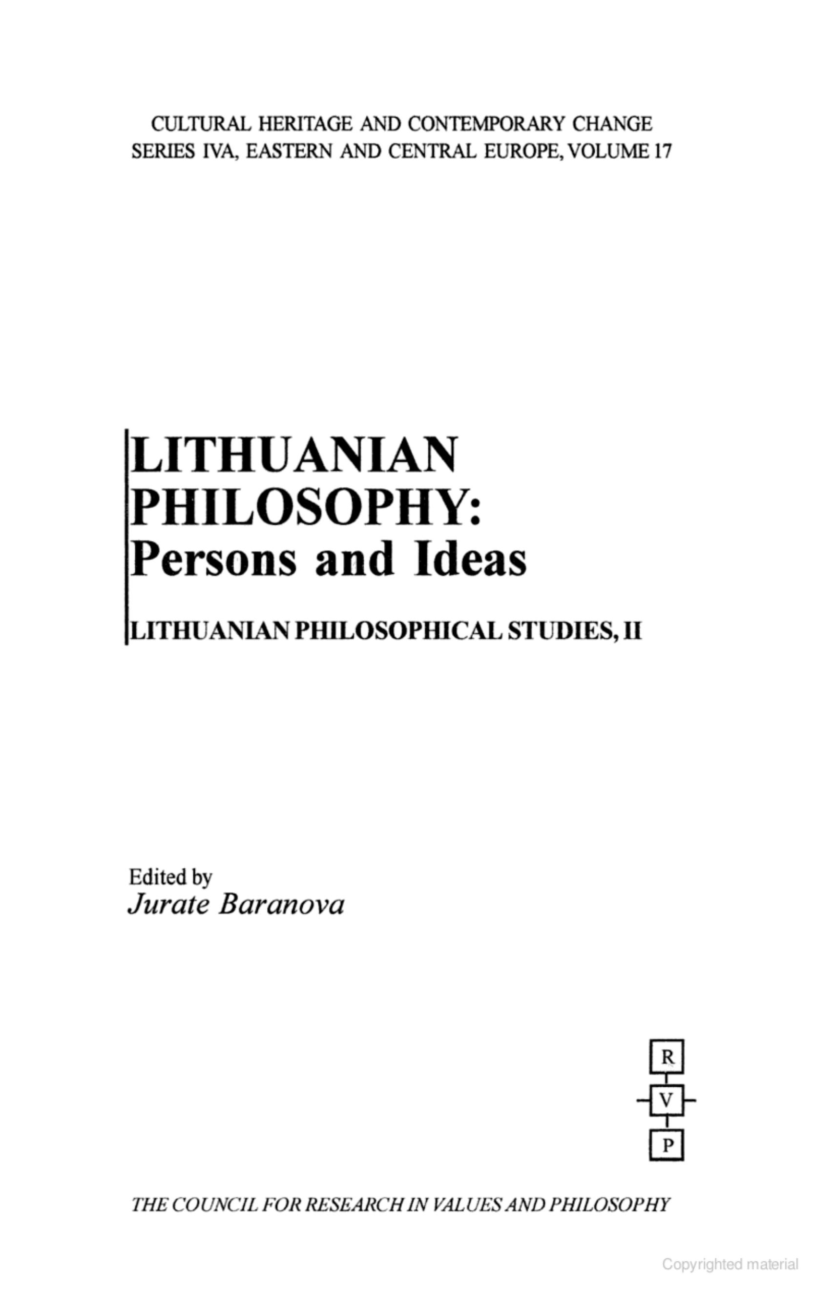 Lithuanian Philosophy: Persons and Ideas (Cultural Heritage and Contemporary Change. Series Iva, Eastern and Central Europe, V. 17) by Jurate Baranova