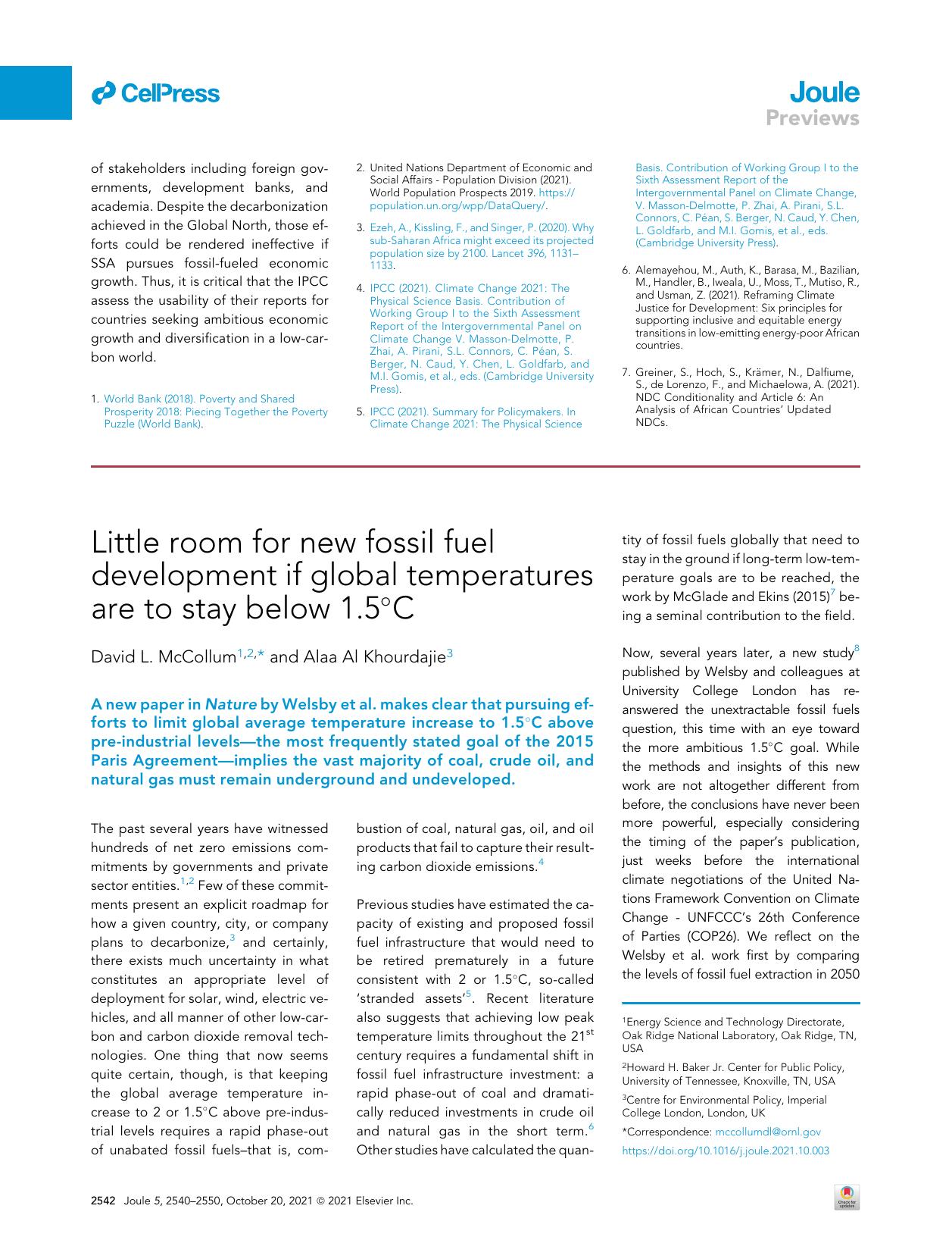 Little room for new fossil fuel development if global temperatures are to stay below 1.5&deg;C by David L. McCollum & Alaa Al Khourdajie