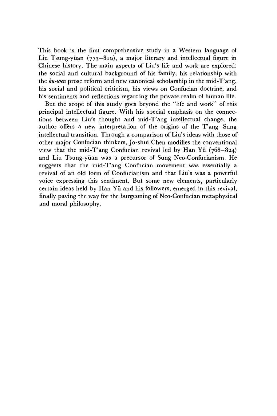 Liu Tsung-yüan and Intellectual Change in T’ang China, 773-819 by Jo-Shui Chen