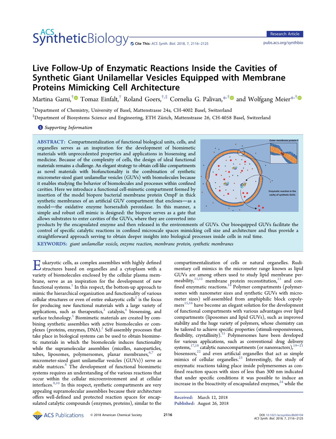 Live Follow-Up of Enzymatic Reactions Inside the Cavities of Synthetic Giant Unilamellar Vesicles Equipped with Membrane Proteins Mimicking Cell Architecture by Martina Garni Tomaz Einfalt Roland Goers Cornelia G. Palivan and Wolfgang Meier