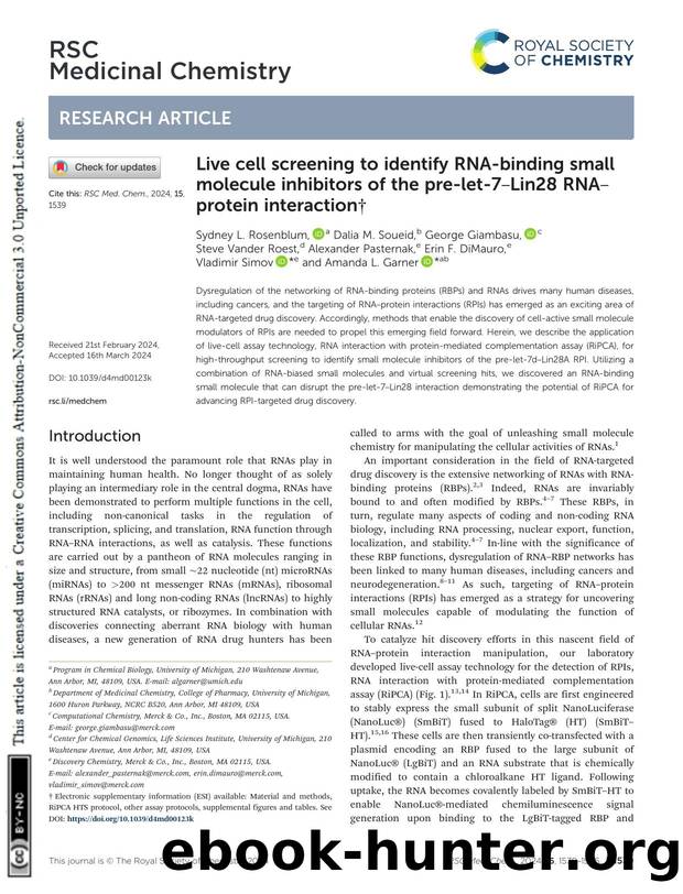 Live cell screening to identify RNA-binding small molecule inhibitors of the pre-let-7âLin28 RNAâprotein interaction by unknow