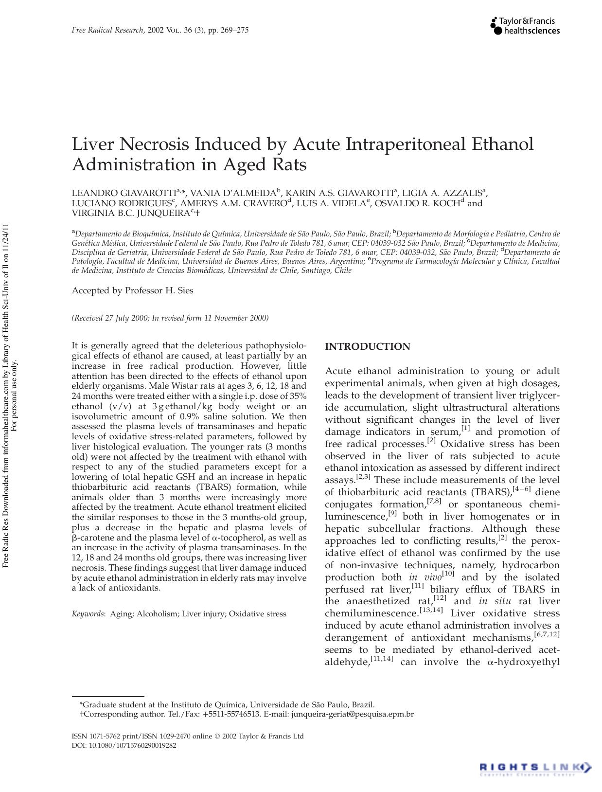 Liver Necrosis Induced by Acute Intraperitoneal Ethanol Administration in Aged Rats by unknow