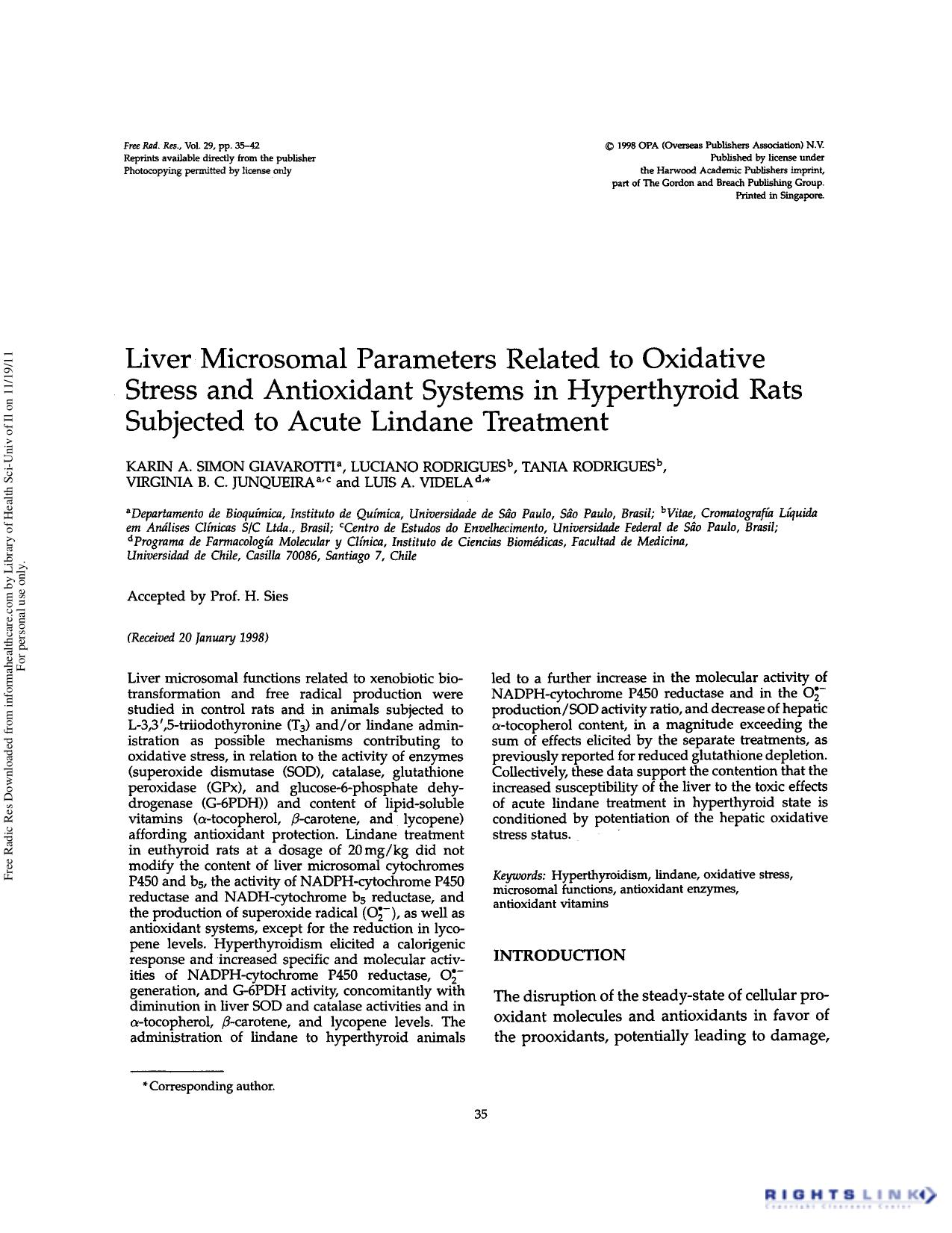 Liver microsomal parameters related to oxidative stress and antioxidant systems in hyperthyroid rats subjected to acute lindane treatment by unknow