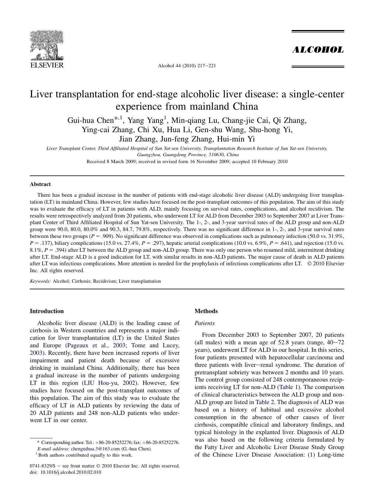 Liver transplantation for end-stage alcoholic liver disease: a single-center experience from mainland China by unknow