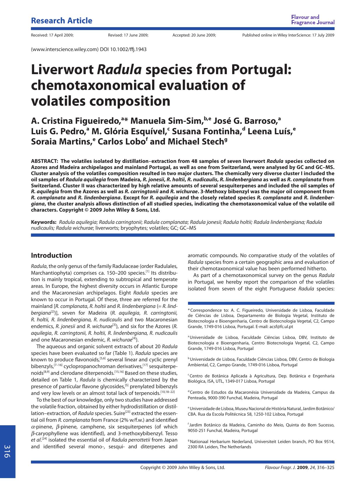 Liverwort Radula species from Portugal: chemotaxonomical evaluation of volatiles composition by PC