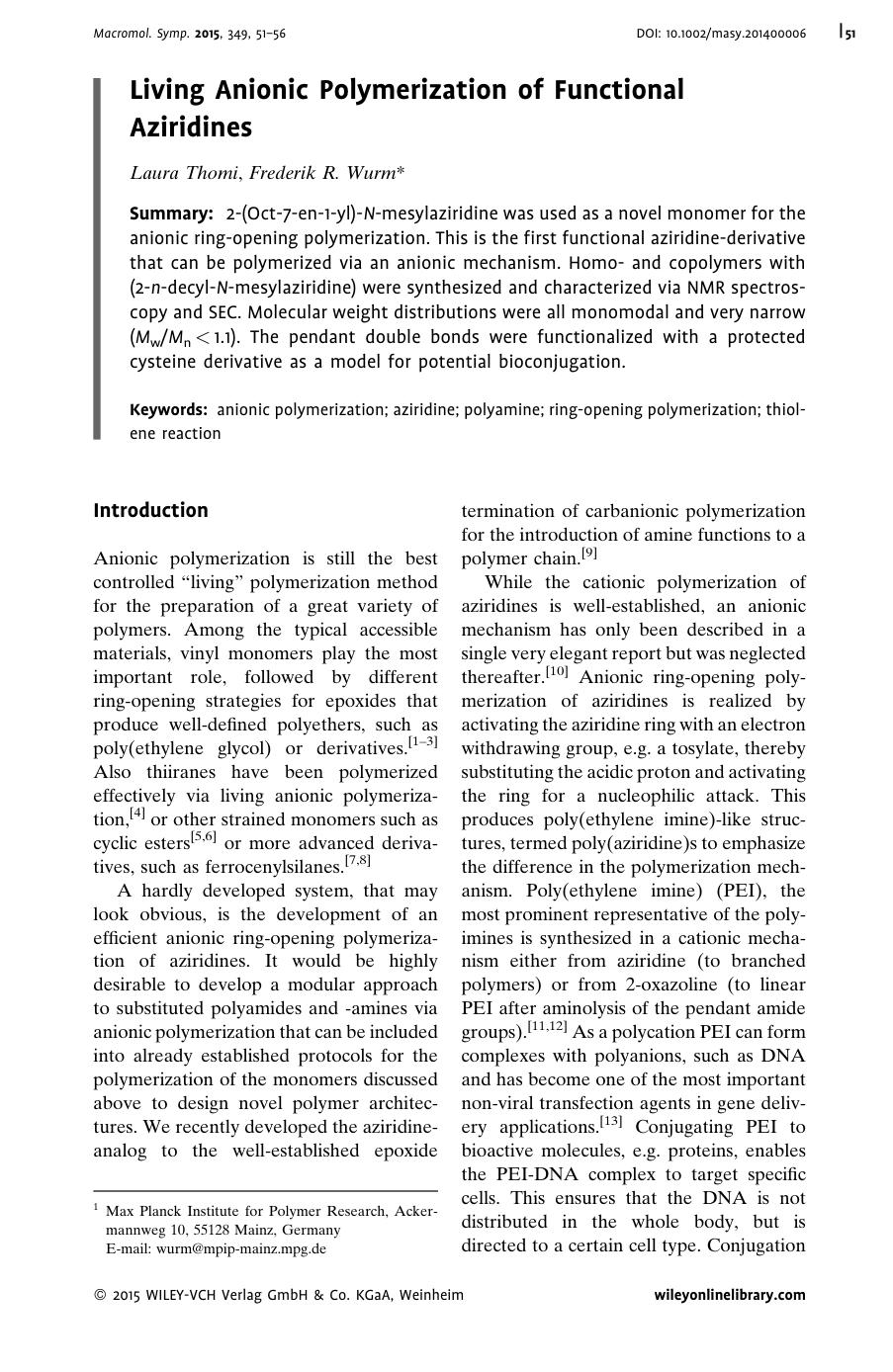 Living Anionic Polymerization of Functional Aziridines by Unknown