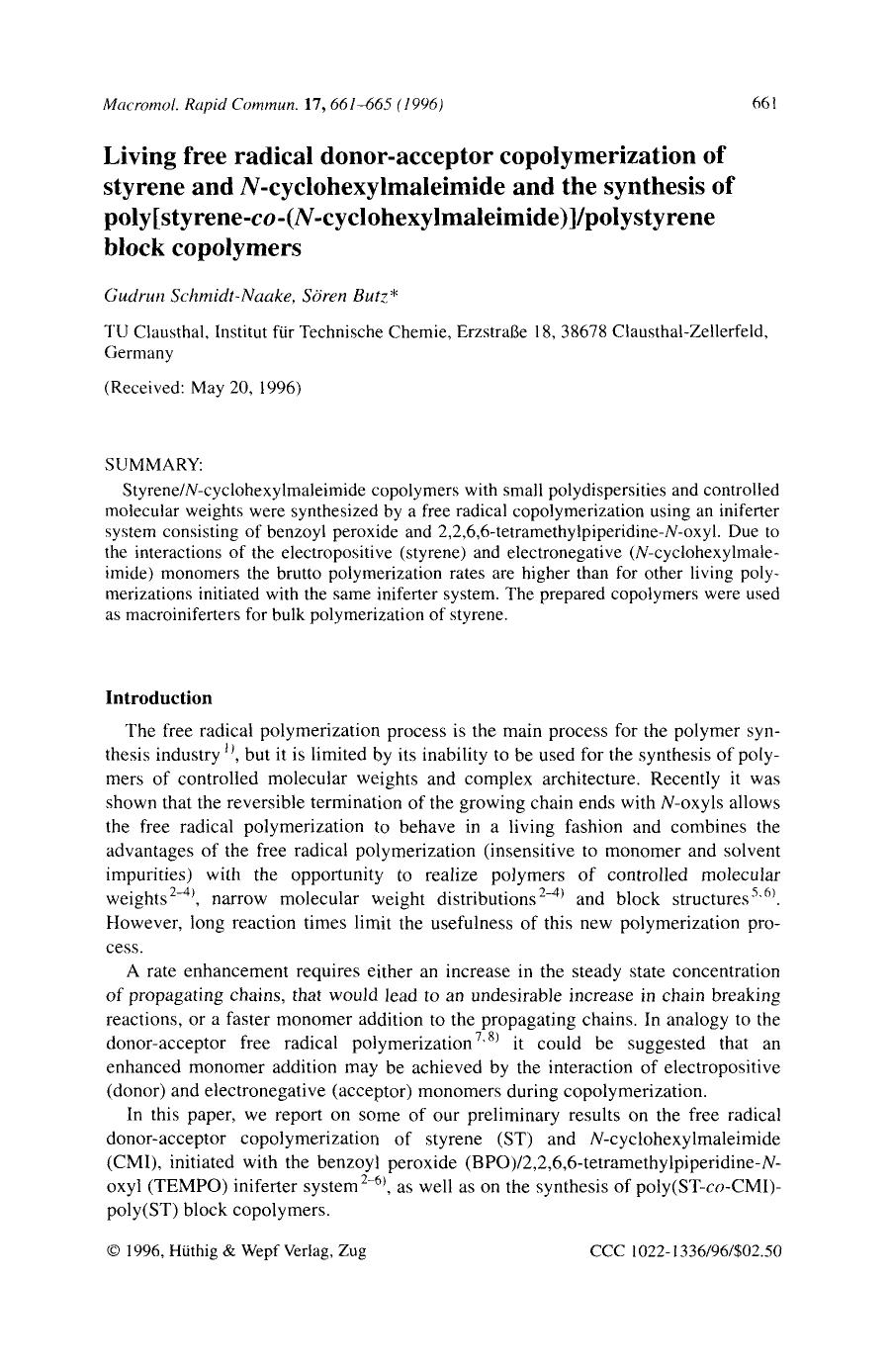 Living free radical donor-acceptor copolymerization of styrene and N-cyclohexylmaleimide and the synthesis of poly[styrene-co-(N-cyclohexylmaleimide)]polystyrene block copolymers by Unknown