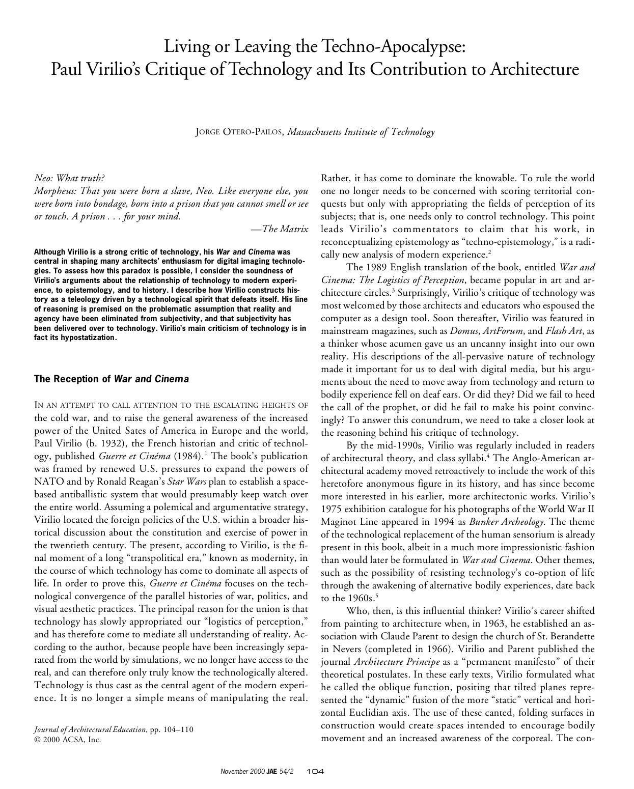 Living or Leaving the Techno-Apocalypse: Paul Virilio's Critique of Technology and Its Contribution to Architecture by Unknown