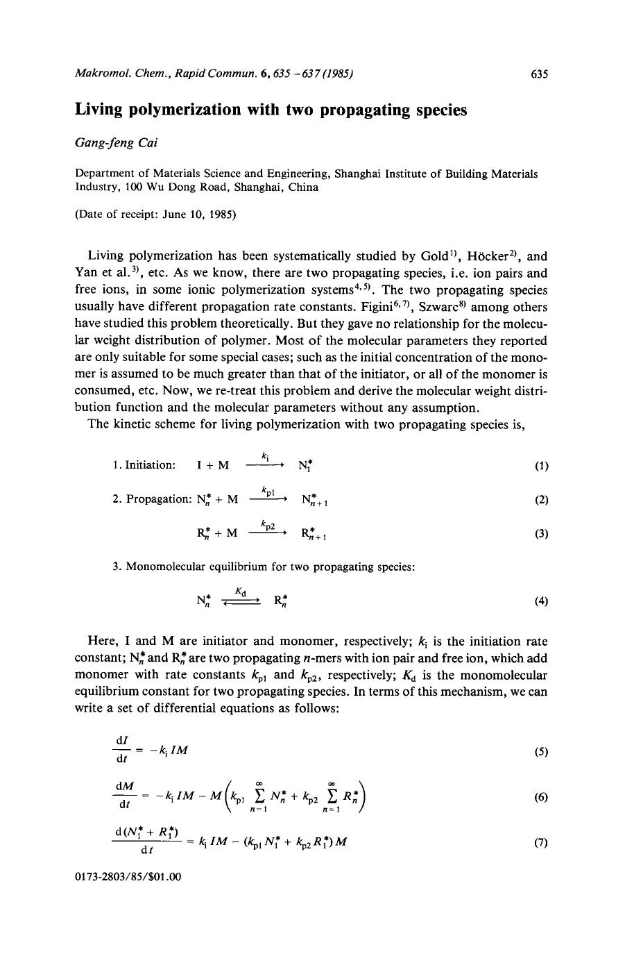 Living polymerization with two propagating species by Unknown