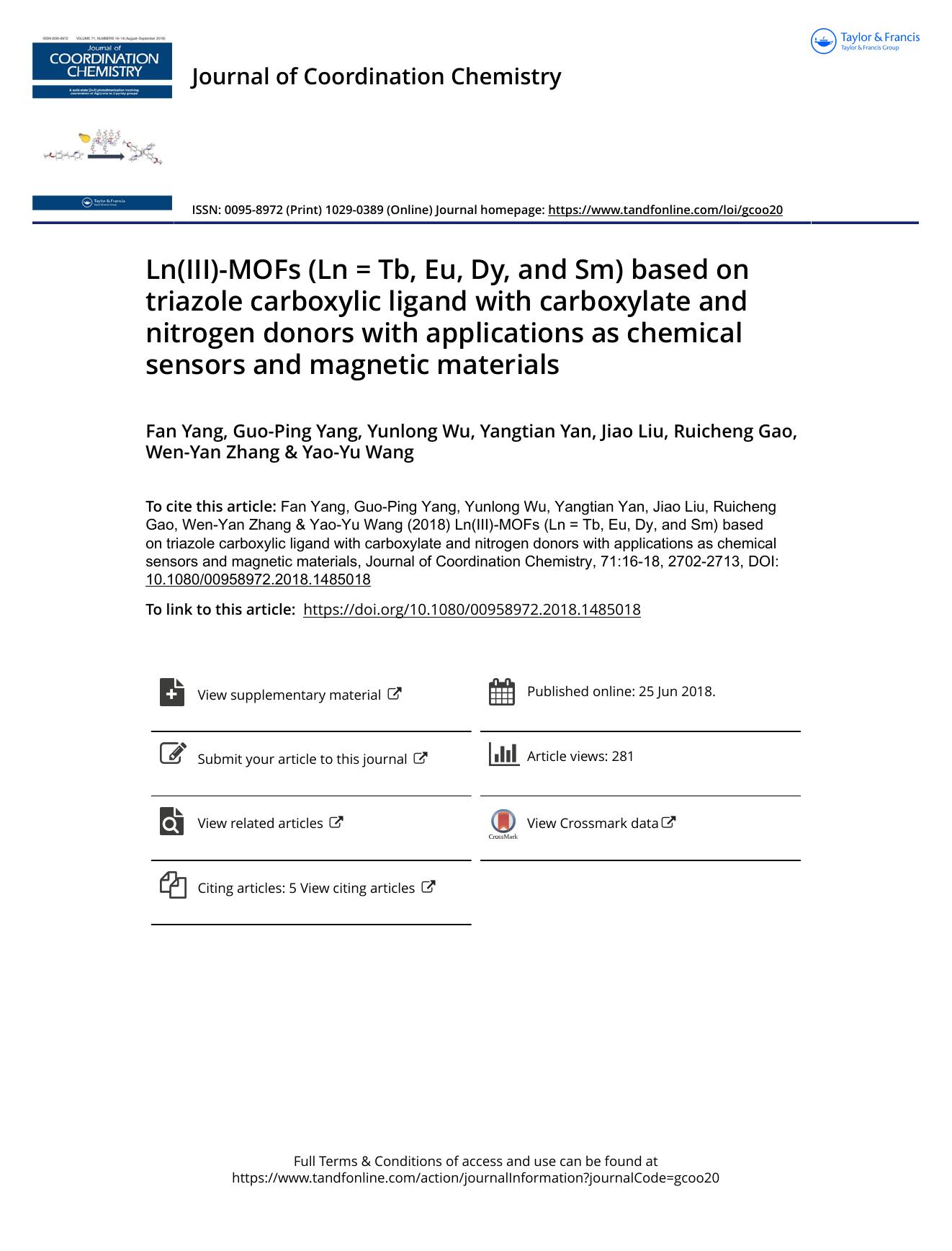 Ln(III)-MOFs (Ln = Tb, Eu, Dy, and Sm) based on triazole carboxylic ligand with carboxylate and nitrogen donors with applications as chemical sensors and magneticÂ materials by unknow