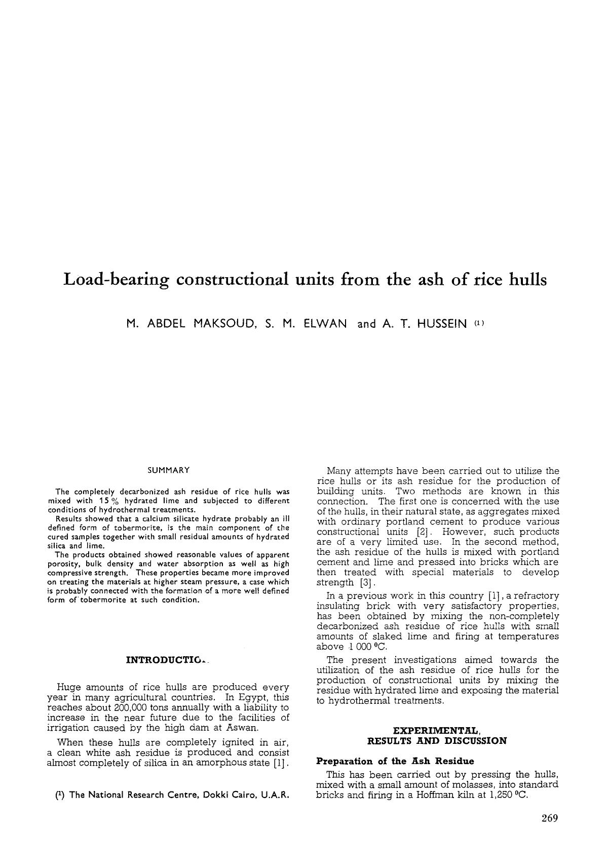 Load-bearing constructional units from the ash of rice hulls by Unknown