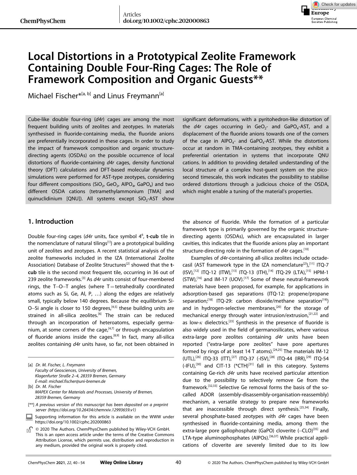 Local Distortions in a Prototypical Zeolite Framework Containing Double FourâRing Cages: The Role of Framework Composition and Organic Guests** by Unknown