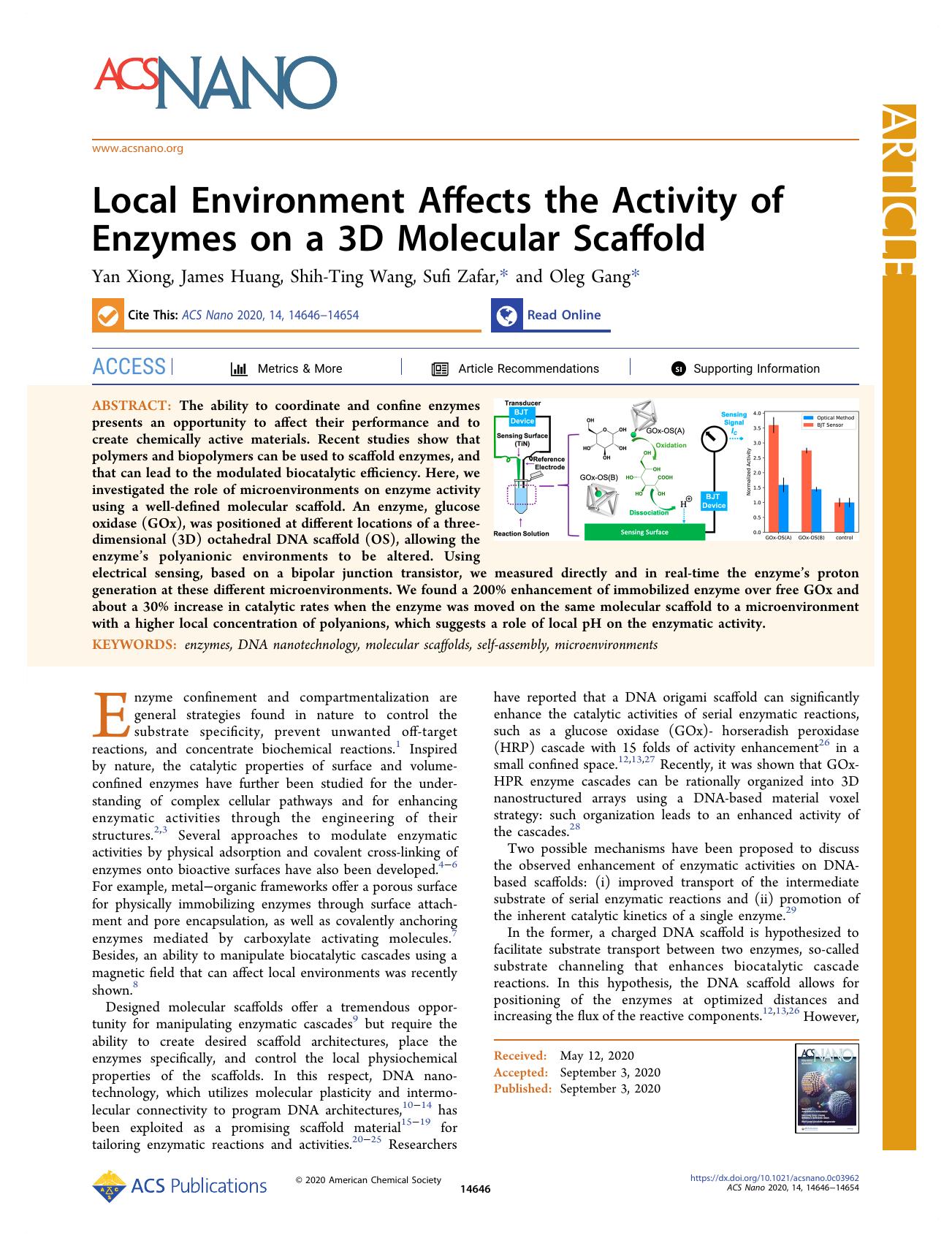 Local Environment Affects the Activity of Enzymes on a 3D Molecular Scaffold by Yan Xiong James Huang Shih-Ting Wang Sufi Zafar and Oleg Gang