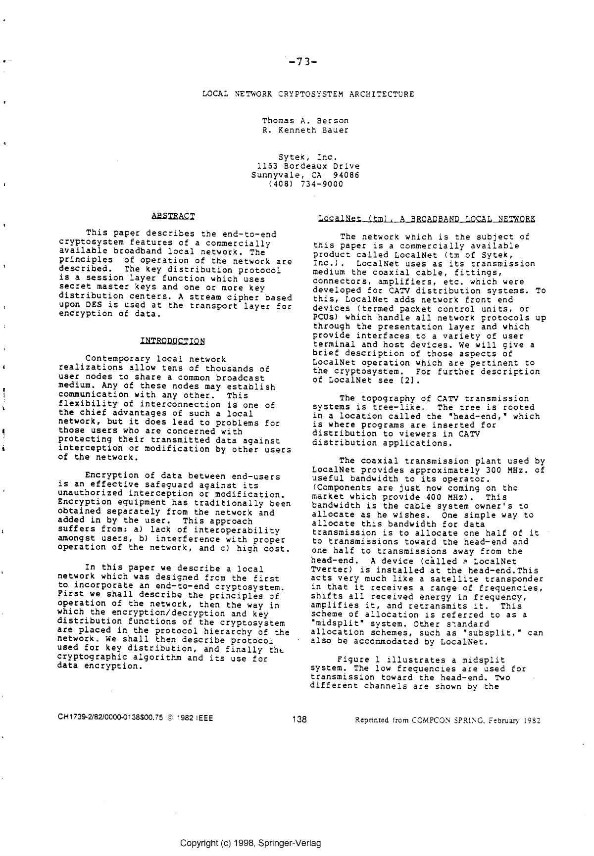 Local Network Cryptosystem Architecture by Berson T. A