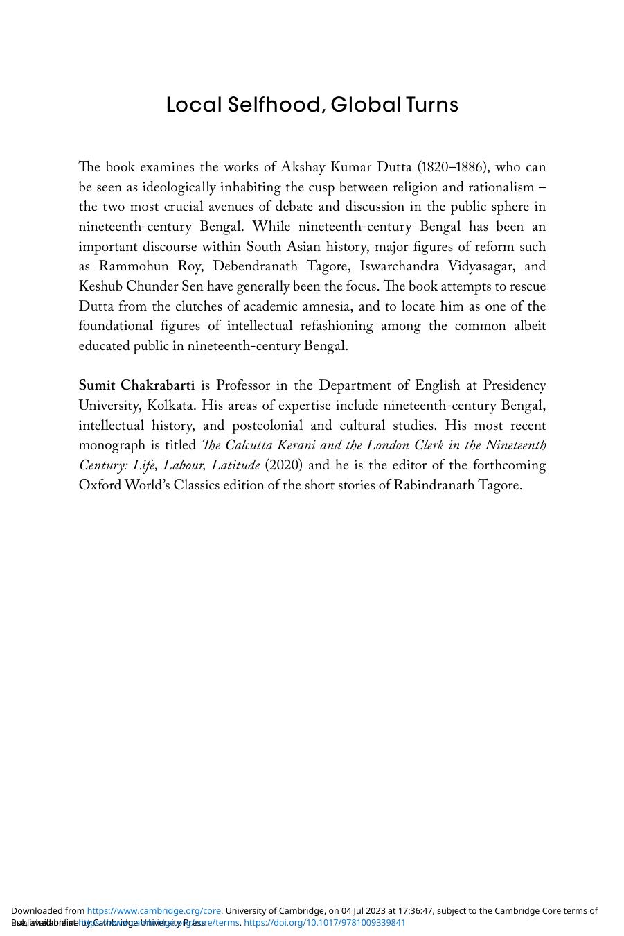 Local Selfhood, Global Turns: Akshay Kumar Dutta and Bengali Intellectual History in the Nineteenth Century by Sumit Chakrabarti