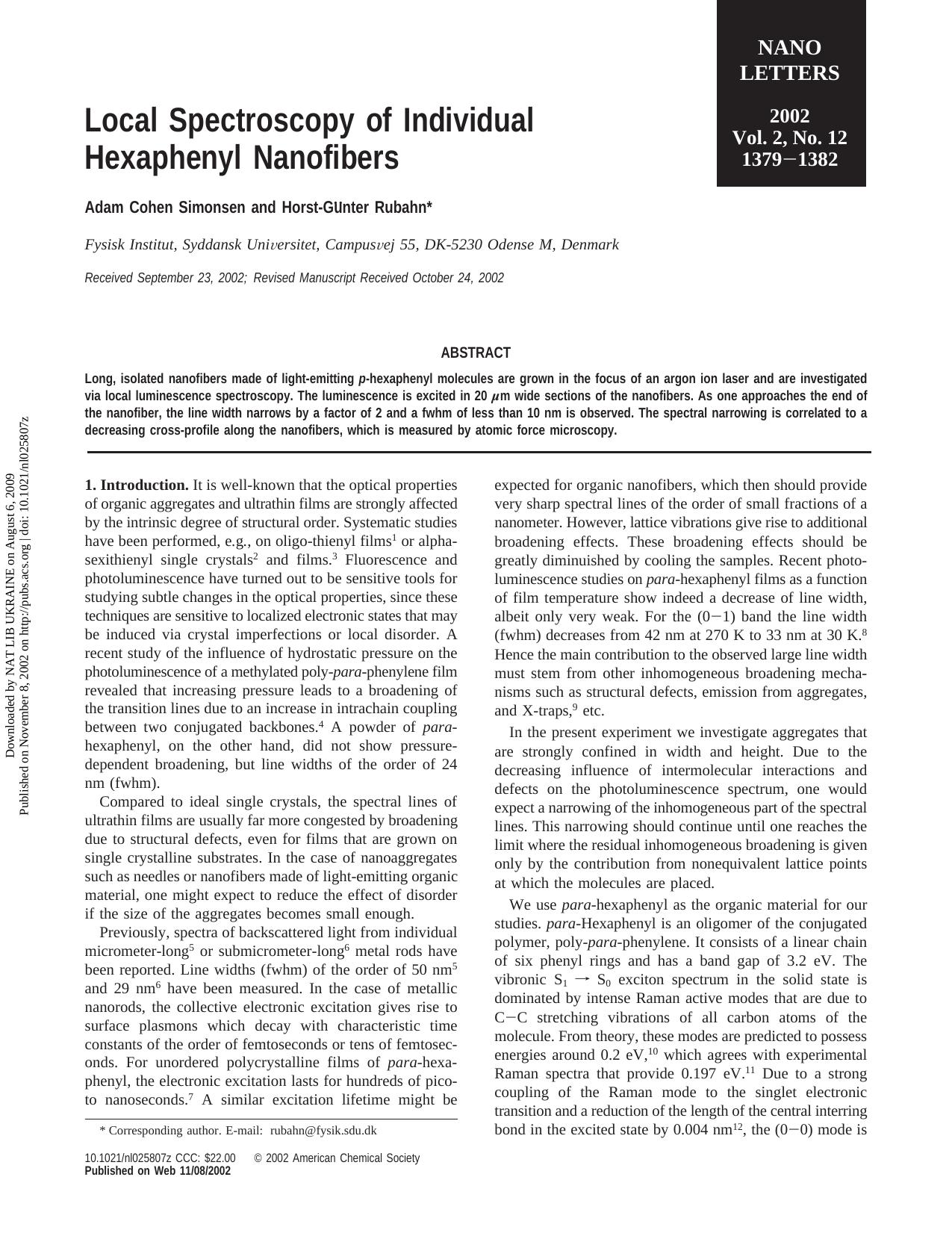 Local Spectroscopy of Individual Hexaphenyl Nanofibers by Adam Cohen Simonsen & Horst-Gunter Rubahn*