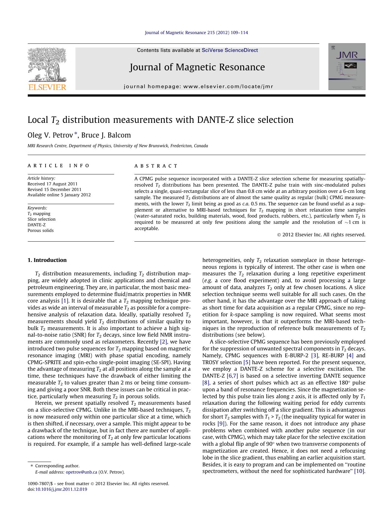 Local T2 distribution measurements with DANTE-Z slice selection by Oleg V. Petrov & Bruce J. Balcom