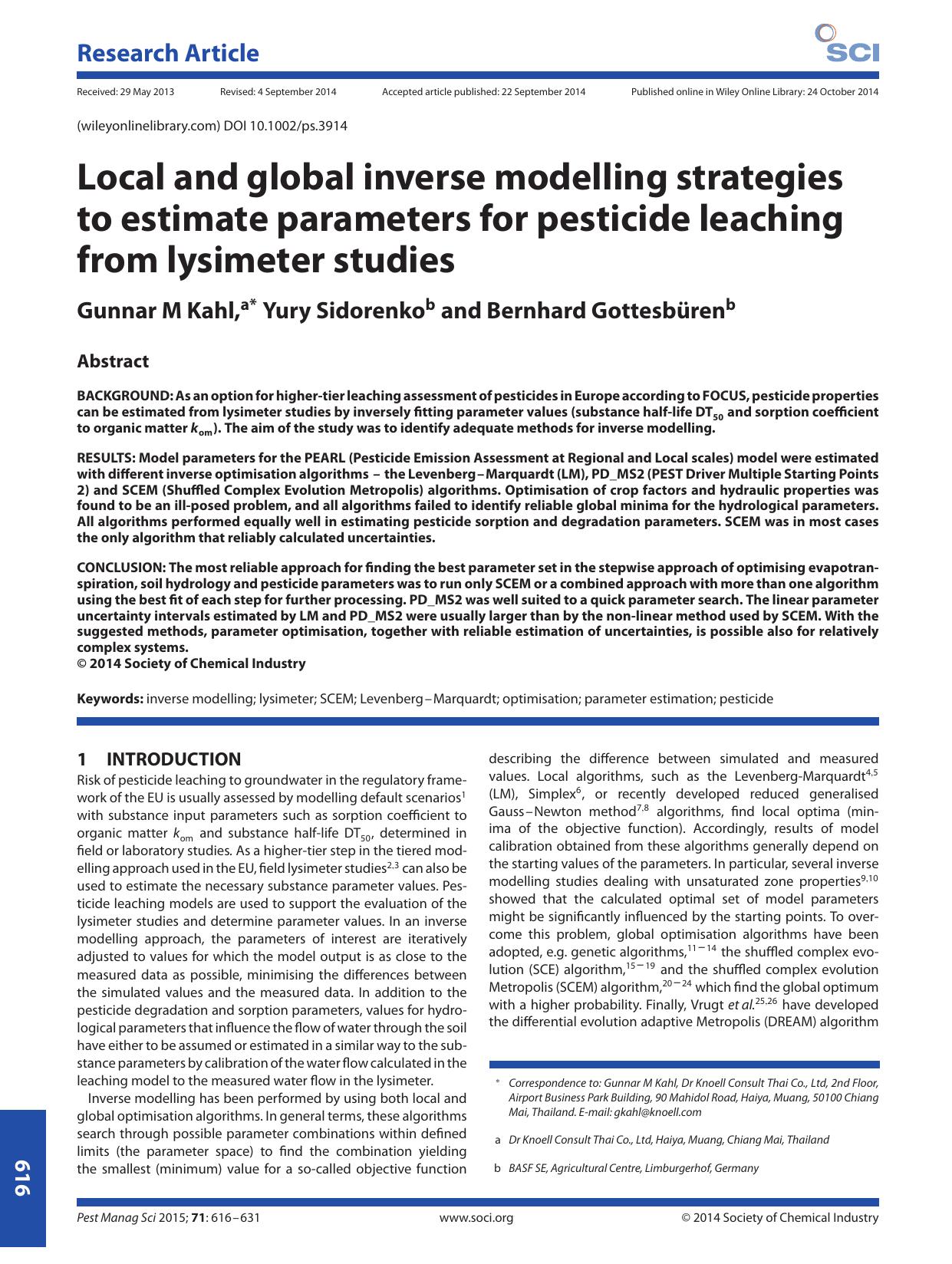Local and global inverse modelling strategies to estimate parameters for pesticide leaching from lysimeter studies by Unknown