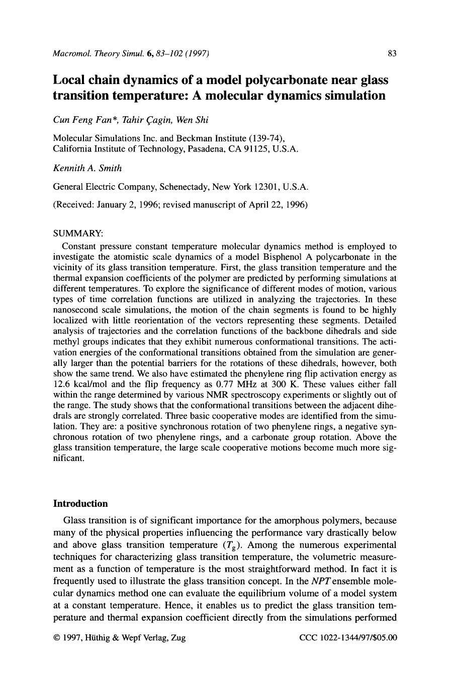 Local chain dynamics of a model polycarbonate near glass transition temperature: A molecular dynamics simulation by Unknown