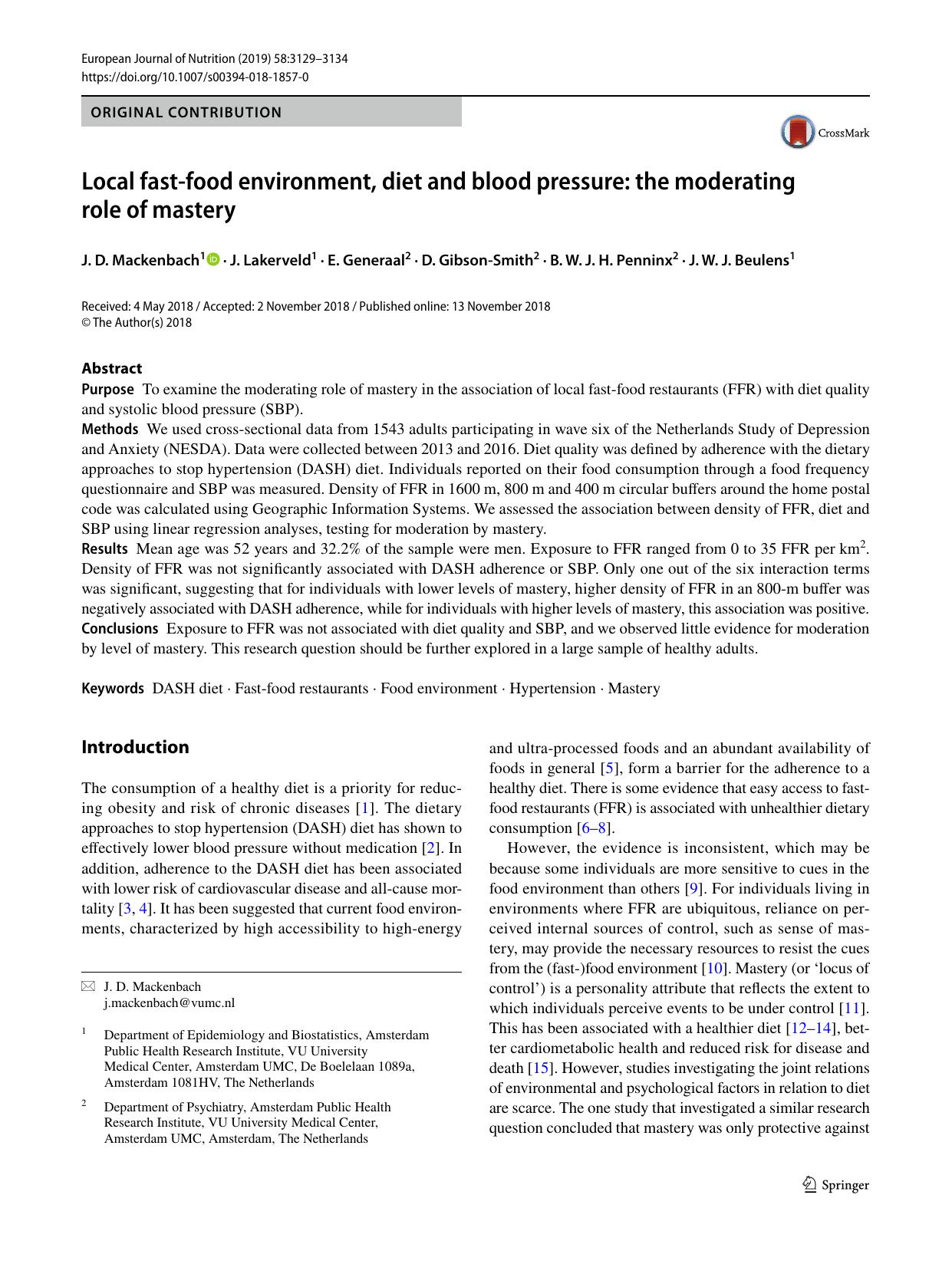 Local fast-food environment, diet and blood pressure: the moderating role of mastery by J. D. Mackenbach