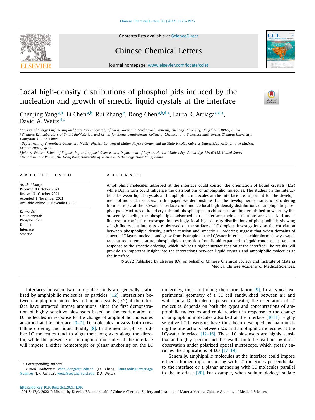 Local high-density distributions of phospholipids induced by the nucleation and growth of smectic liquid crystals at the interface by Chenjing Yang & Li Chen & Rui Zhang & Dong Chen & Laura R. Arriaga & David A. Weitz