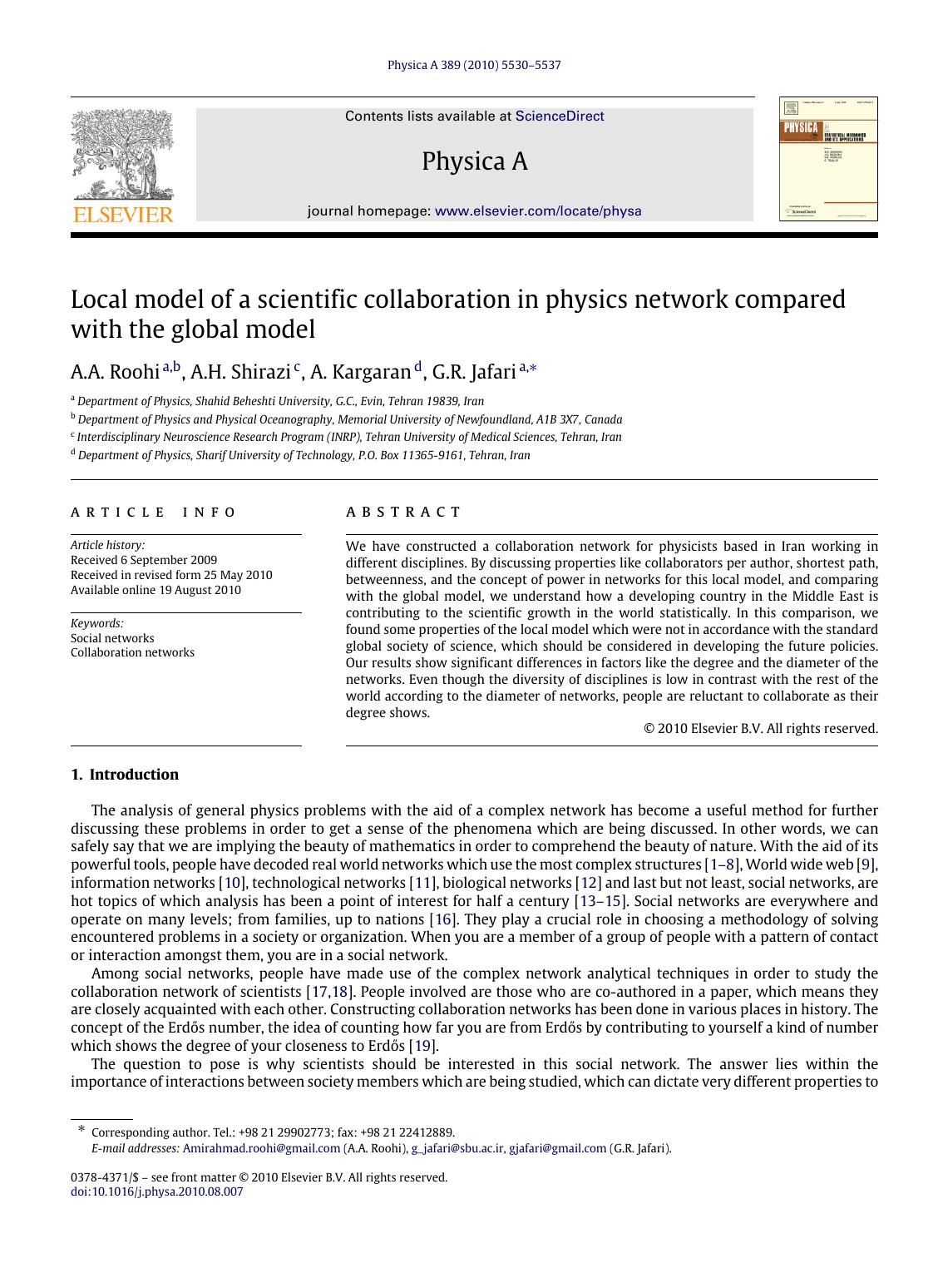 Local model of a scientific collaboration in physics network compared with the global model by A.A. Roohi & A.H. Shirazi & A. Kargaran & G.R. Jafari