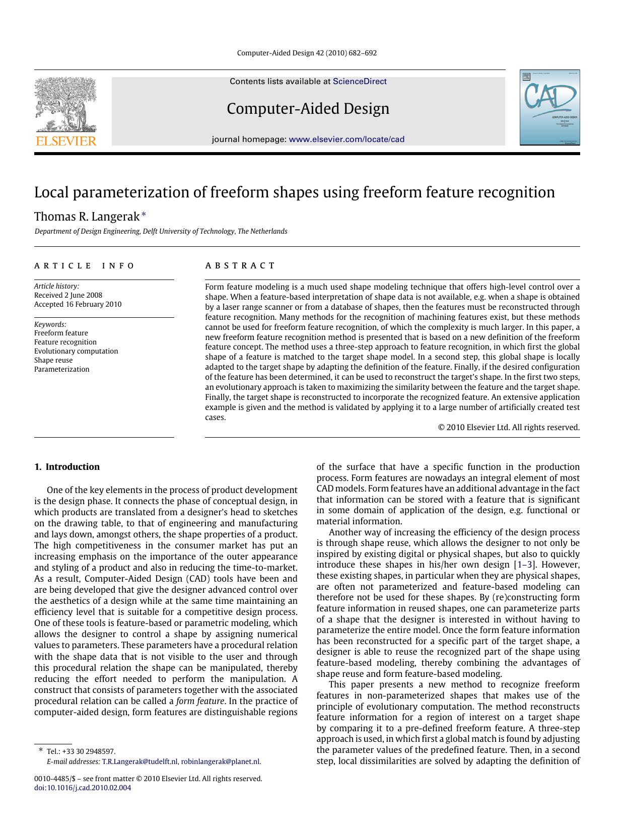 Local parameterization of freeform shapes using freeform feature recognition by Thomas R. Langerak